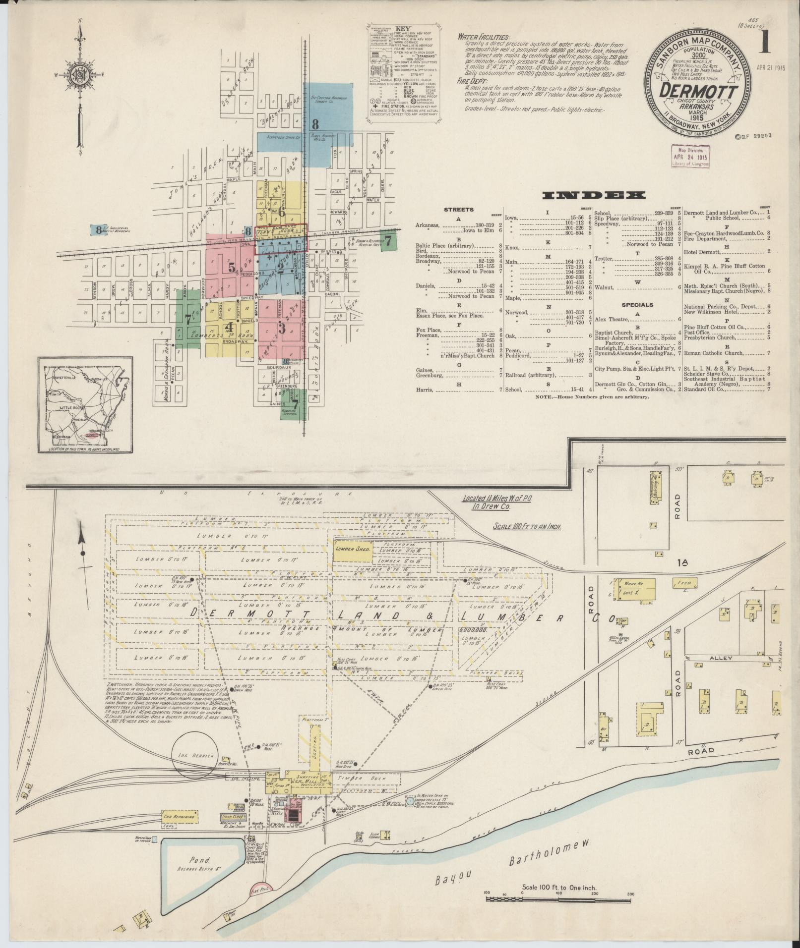 Sanborn Fire Insurance Map from Dermott, Chicot County, Arkansas (1915), Sheet #0001 - Complete Map Set gallery image, historic Sanborn map, vintage wall art, Arkansas Arkansas
