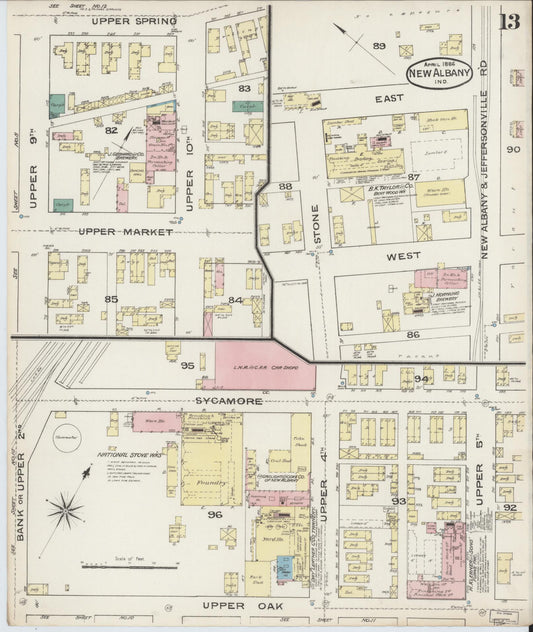 Sanborn Fire Insurance Map from New Albany, Floyd County, Indiana (1886), Sheet #0013 - Historic Sanborn Fire Insurance Map Print, vintage old map wall art, antique decor, genealogy gift, Indiana Indiana map