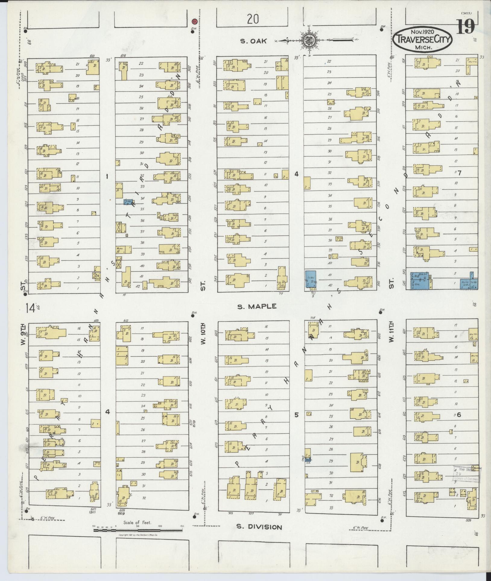 Sanborn Fire Insurance Map from Traverse City, Grand Traverse County, Michigan (1920), Sheet #0019 - Historic Sanborn Fire Insurance Map Print, vintage old map wall art, antique decor, genealogy gift, Michigan Michigan map