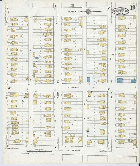 Sanborn Fire Insurance Map from Traverse City, Grand Traverse County, Michigan (1920), Sheet #0019 - Historic Sanborn Fire Insurance Map Print, vintage old map wall art, antique decor, genealogy gift, Michigan Michigan map
