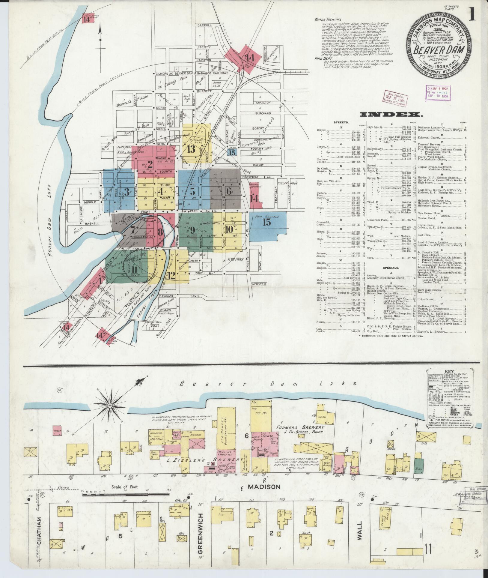 Sanborn Fire Insurance Map from Beaver Dam, Dodge County, Wisconsin (1909), Sheet #0001 - Historic Sanborn Fire Insurance Map Print, vintage old map wall art, antique decor, genealogy gift, Wisconsin Wisconsin map
