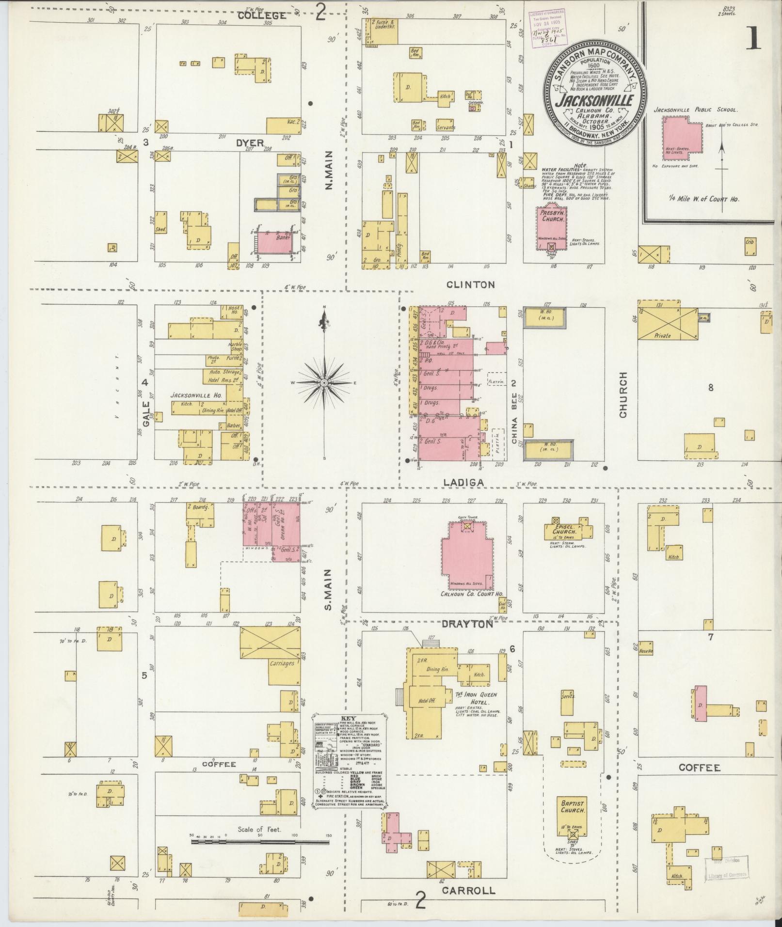 Sanborn Fire Insurance Map from Jacksonville, Calhoun County, Alabama (1905), Sheet #0001 - Complete Map Set gallery image, historic Sanborn map, vintage wall art, Alabama Alabama