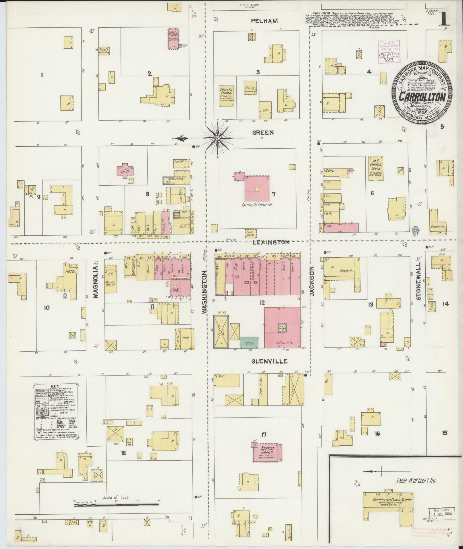 Sanborn Fire Insurance Map from Carrollton, Carroll County, Mississippi (1905), Sheet #0001 - Complete Map Set gallery image, historic Sanborn map, vintage wall art, Mississippi Mississippi