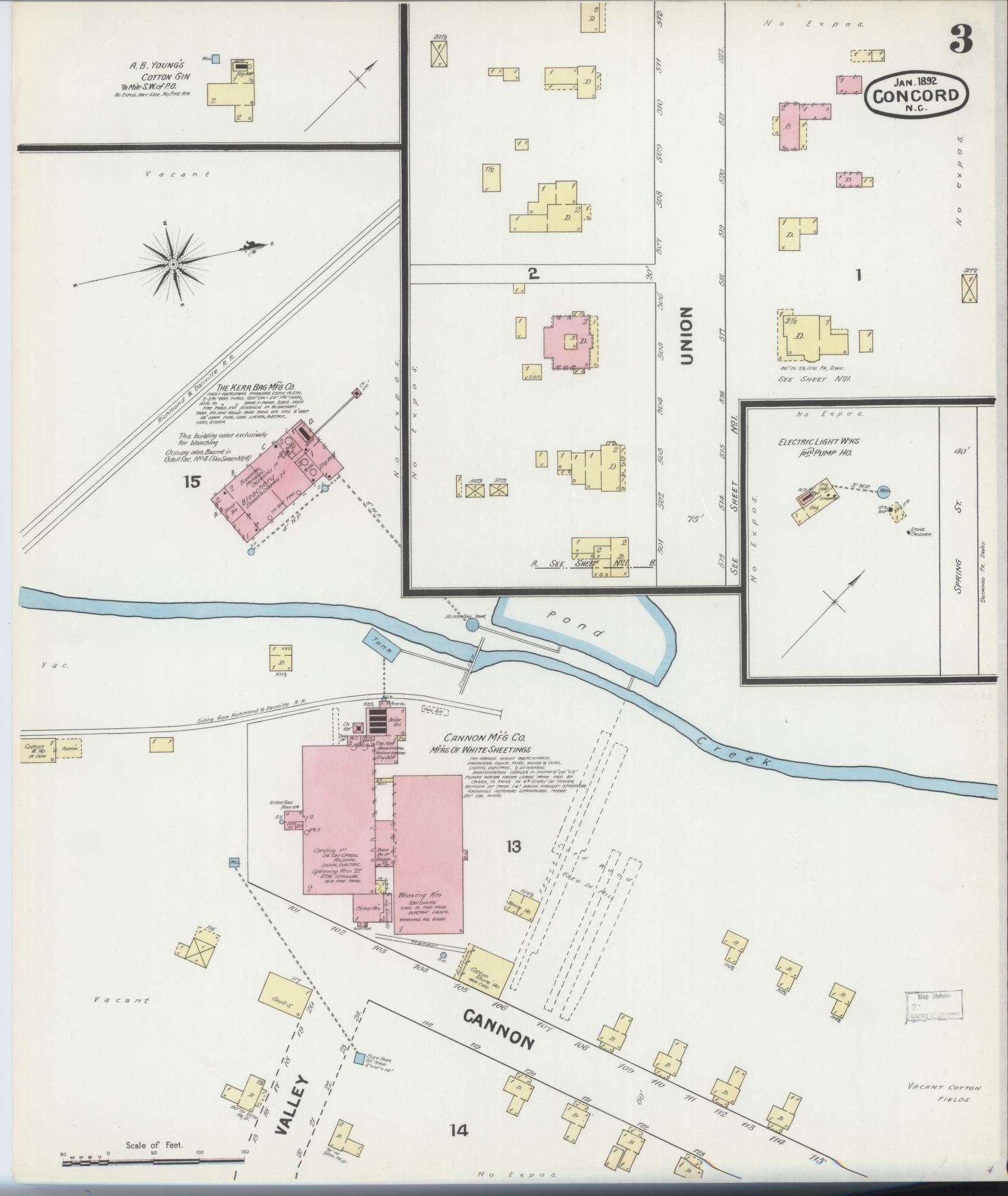 Sanborn Fire Insurance Map from Concord, Cabarrus County, North Carolina (1892), Sheet #0003 - Historic Sanborn Fire Insurance Map Print, vintage old map wall art, antique decor, genealogy gift, North Carolina North Carolina map