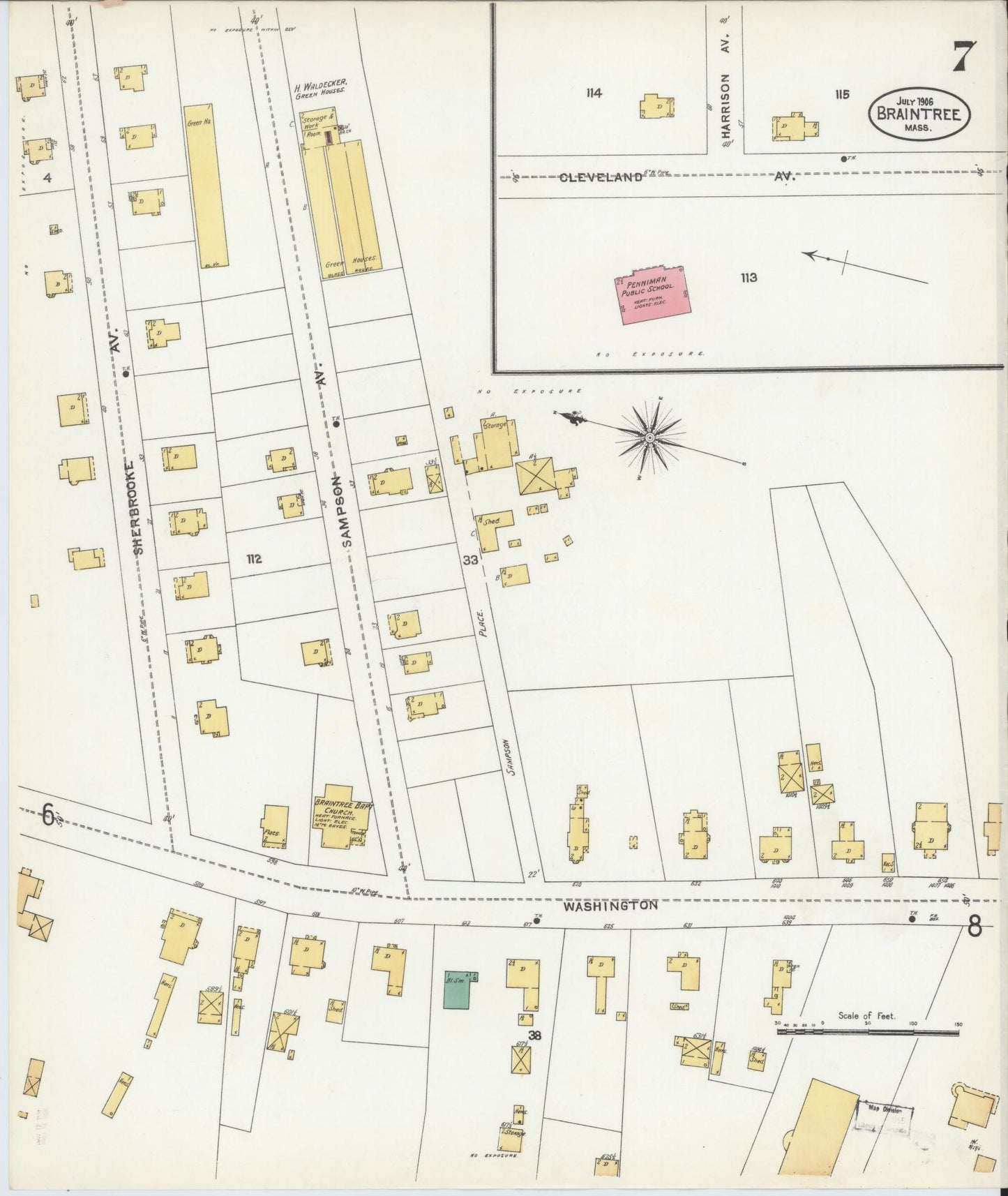 Sanborn Fire Insurance Map from Braintree, Norfolk County, Massachusetts (1906), Sheet #0007 - Complete Map Set gallery image, historic Sanborn map, vintage wall art, Massachusetts Massachusetts