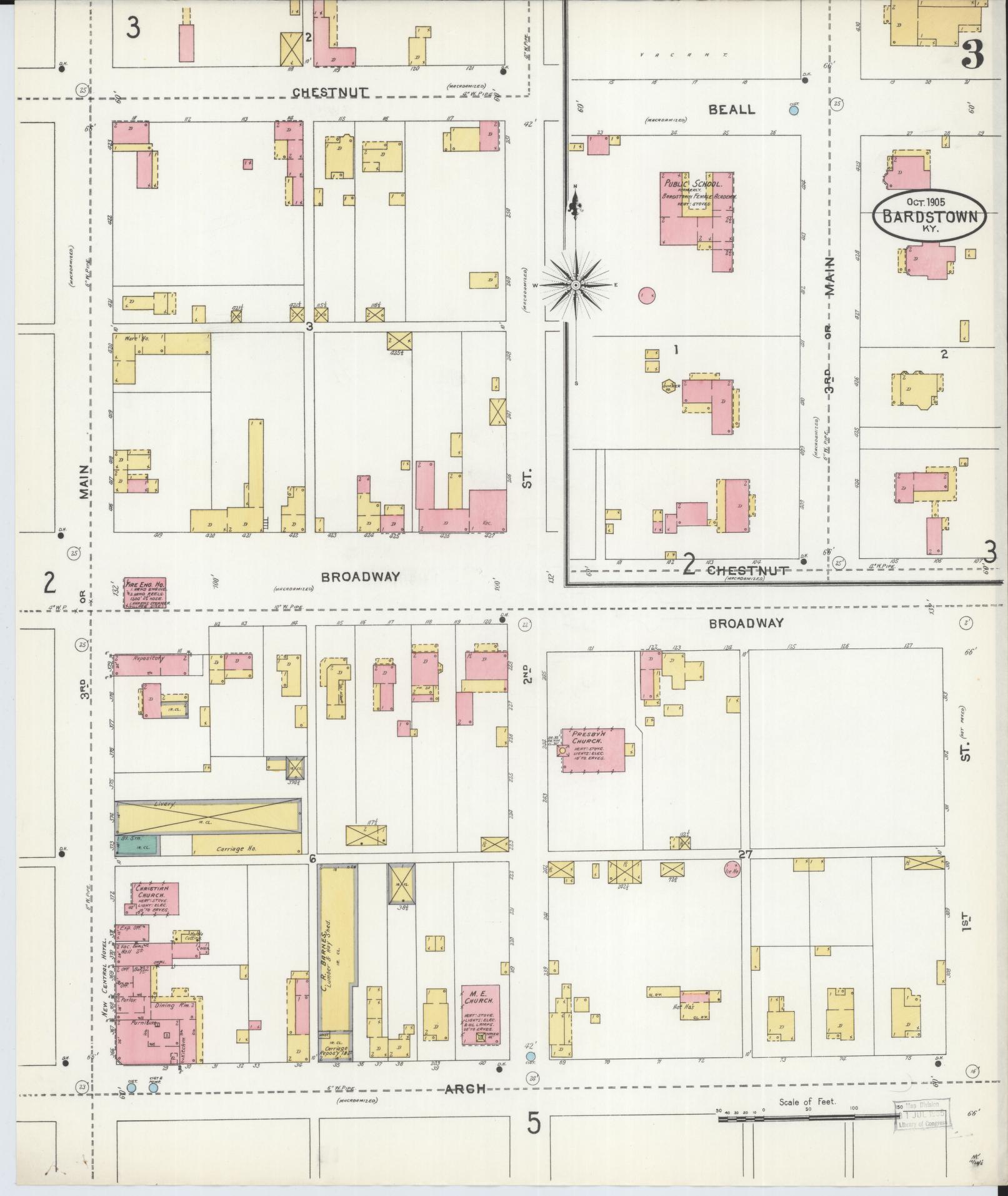 Sanborn Fire Insurance Map from Bardstown, Nelson County, Kentucky (1905), Sheet #0003 - Complete Map Set gallery image, historic Sanborn map, vintage wall art, Kentucky Kentucky