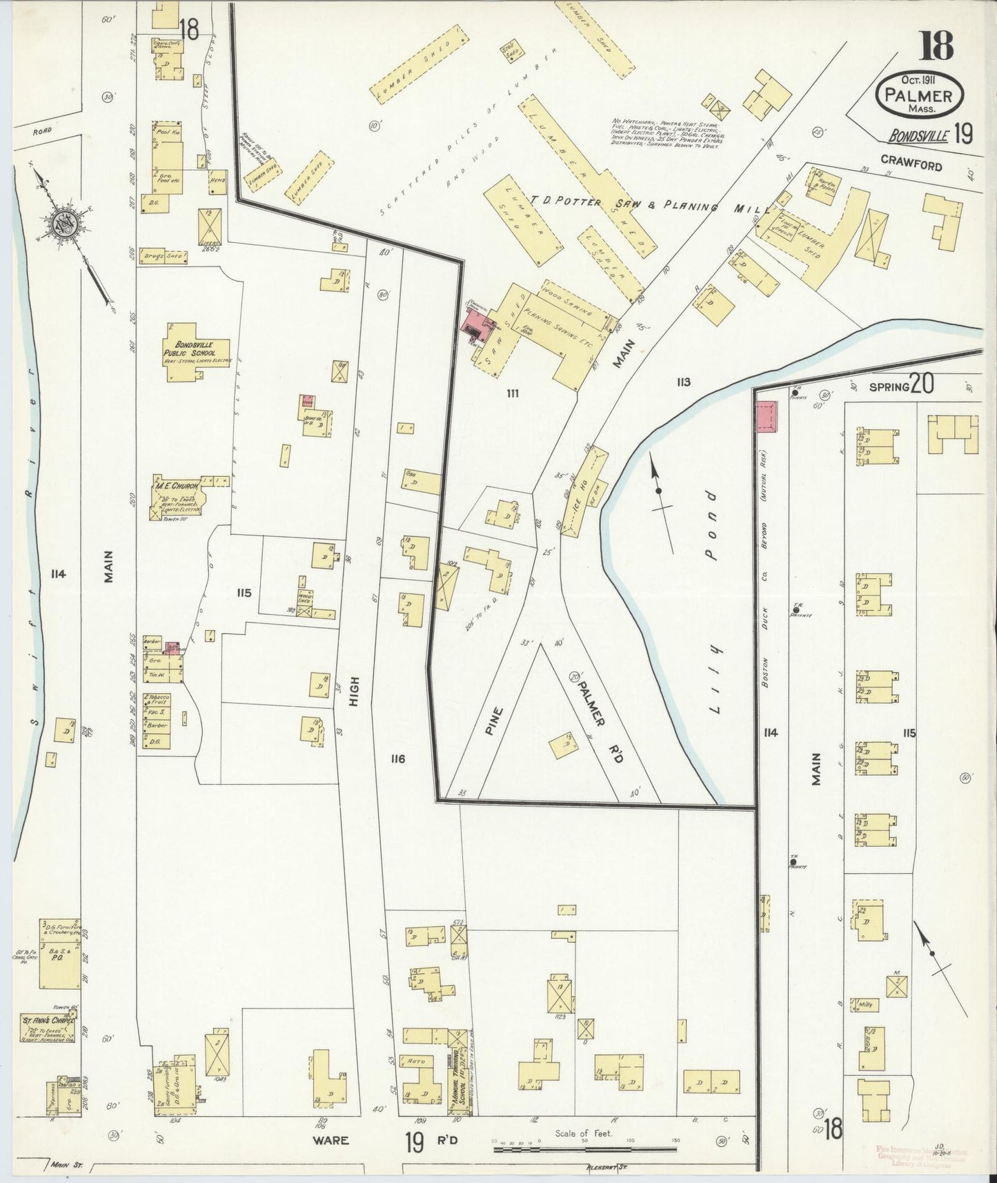 Sanborn Fire Insurance Map from Palmer, Hampden County, Massachusetts (1911), Sheet #0018 - Historic Sanborn Fire Insurance Map Print, vintage old map wall art, antique decor, genealogy gift, Massachusetts Massachusetts map