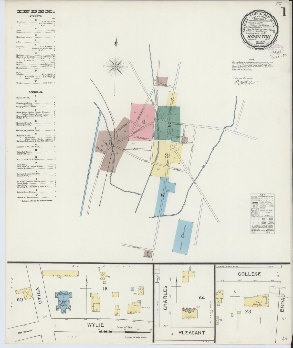Sanborn Fire Insurance Map from Hamilton, Madison County, New York (1893), Sheet #0001 - Historic Sanborn Fire Insurance Map Print, vintage old map wall art, antique decor, genealogy gift, New York New York map