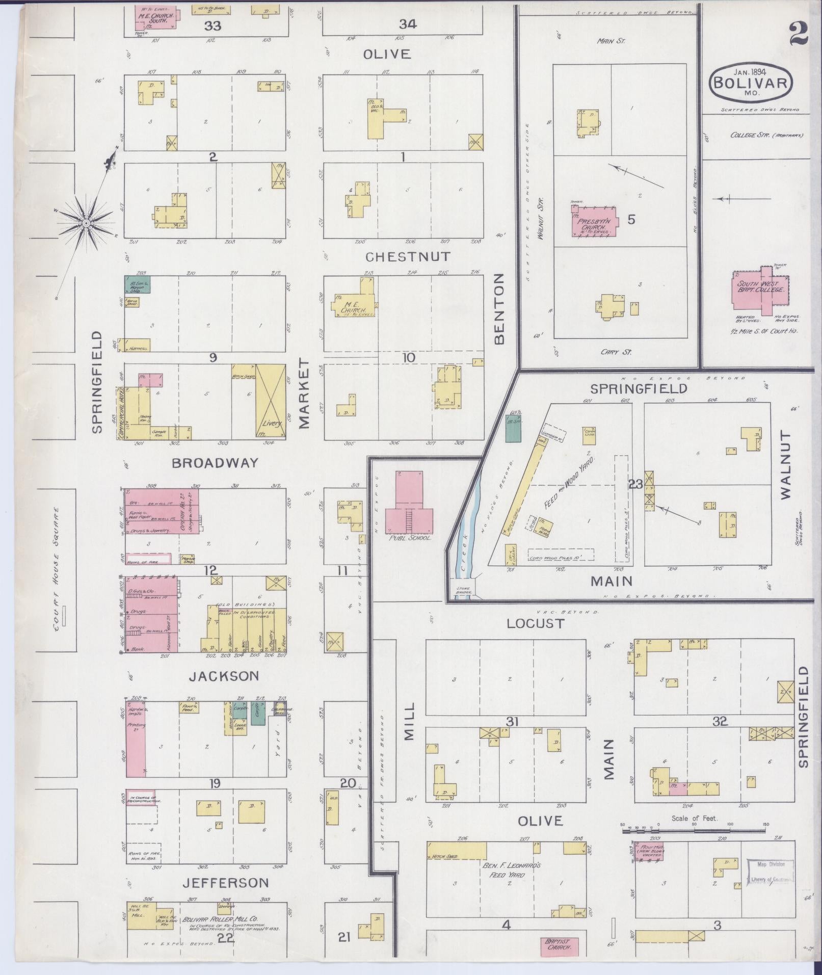 Sanborn Fire Insurance Map from Bolivar, Polk County, Missouri (1894), Sheet #0002 - Historic Sanborn Fire Insurance Map Print, vintage old map wall art, antique decor, genealogy gift, Missouri Missouri map