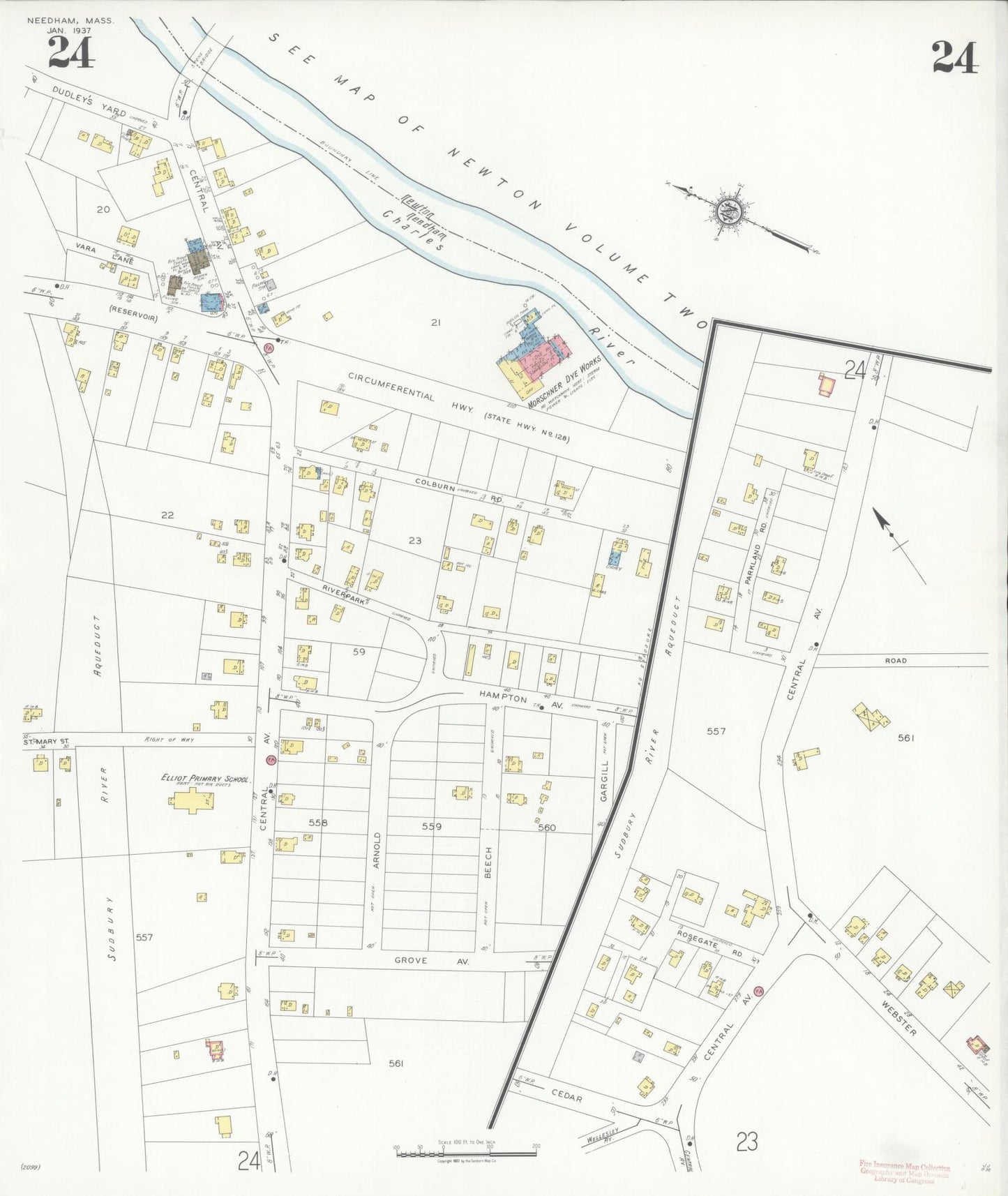 Sanborn Fire Insurance Map from Needham, Norfolk County, Massachusetts (1937), Sheet #0024 - Complete Map Set gallery image, historic Sanborn map, vintage wall art, Massachusetts Massachusetts