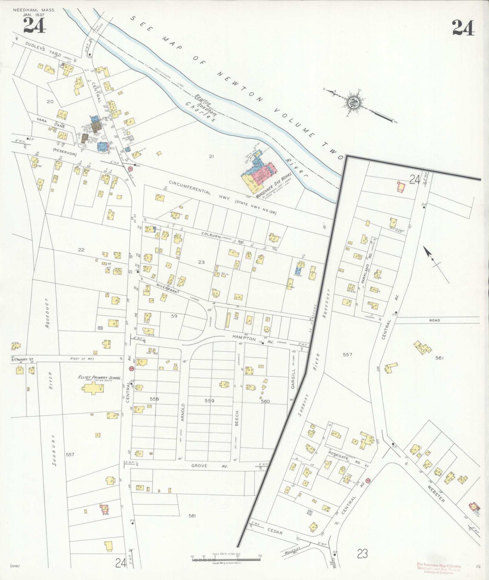 Sanborn Fire Insurance Map from Needham, Norfolk County, Massachusetts (1937), Sheet #0024 - Complete Map Set gallery image, historic Sanborn map, vintage wall art, Massachusetts Massachusetts