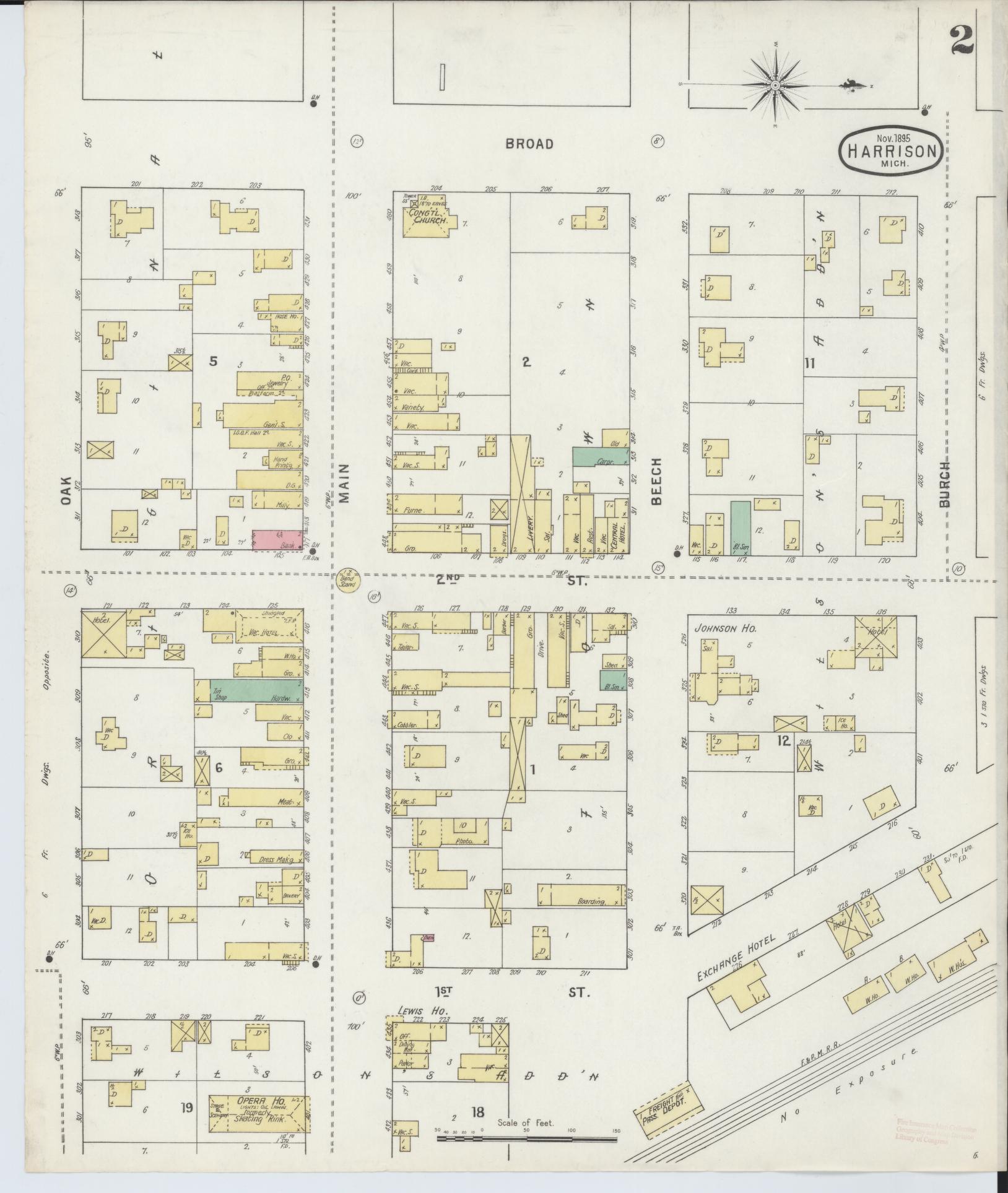 Sanborn Fire Insurance Map from Harrison, Clare County, Michigan (1895), Sheet #0002 - Complete Map Set gallery image, historic Sanborn map, vintage wall art, Michigan Michigan