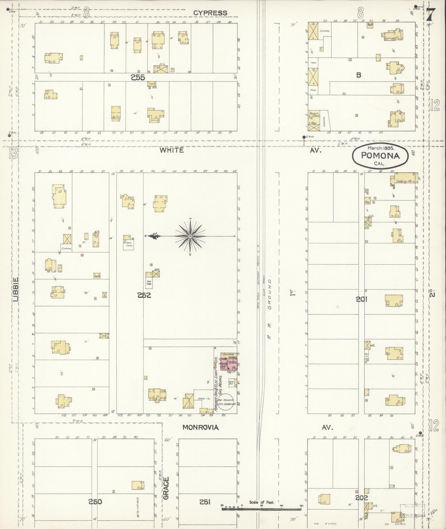 Sanborn Fire Insurance Map from Pomona, Los Angeles County, California (1895), Sheet #0007 - Complete Map Set gallery image, historic Sanborn map, vintage wall art, California California