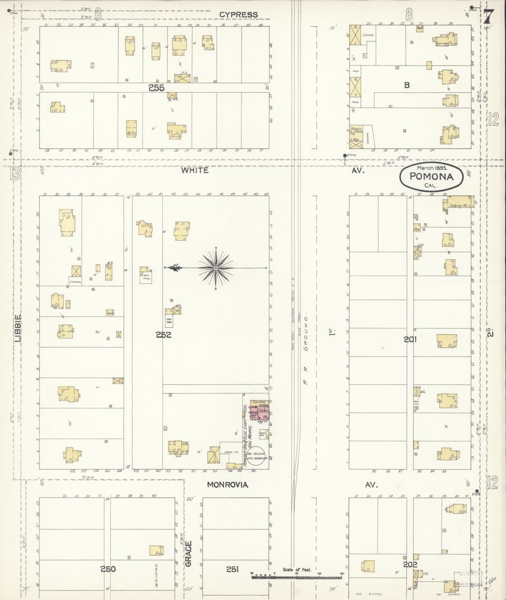 Sanborn Fire Insurance Map from Pomona, Los Angeles County, California (1895), Sheet #0007 - Complete Map Set gallery image, historic Sanborn map, vintage wall art, California California