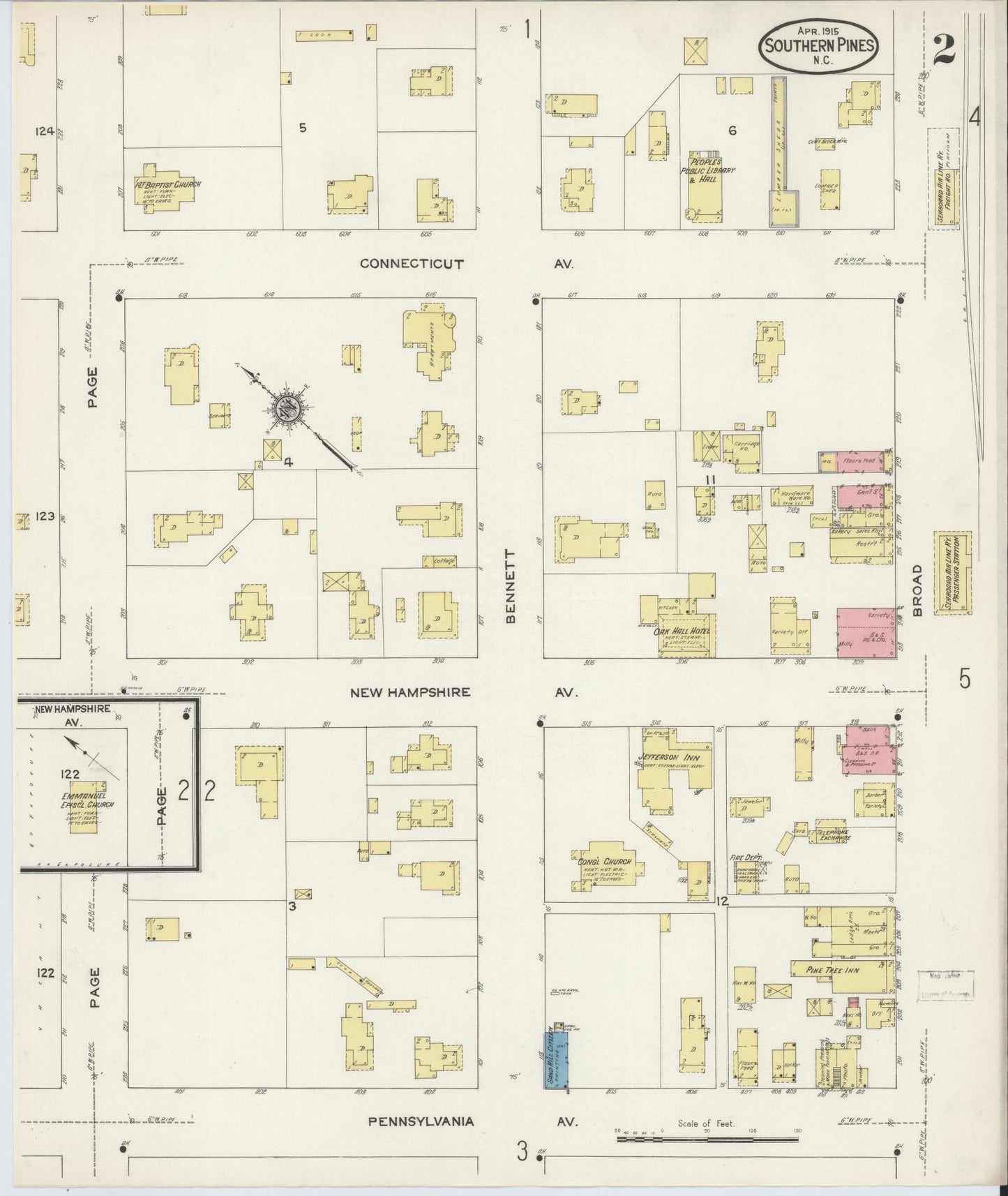 Sanborn Fire Insurance Map from Southern Pines, Moore County, North Carolina (1915), Sheet #0002 - Complete Map Set gallery image, historic Sanborn map, vintage wall art, North Carolina North Carolina