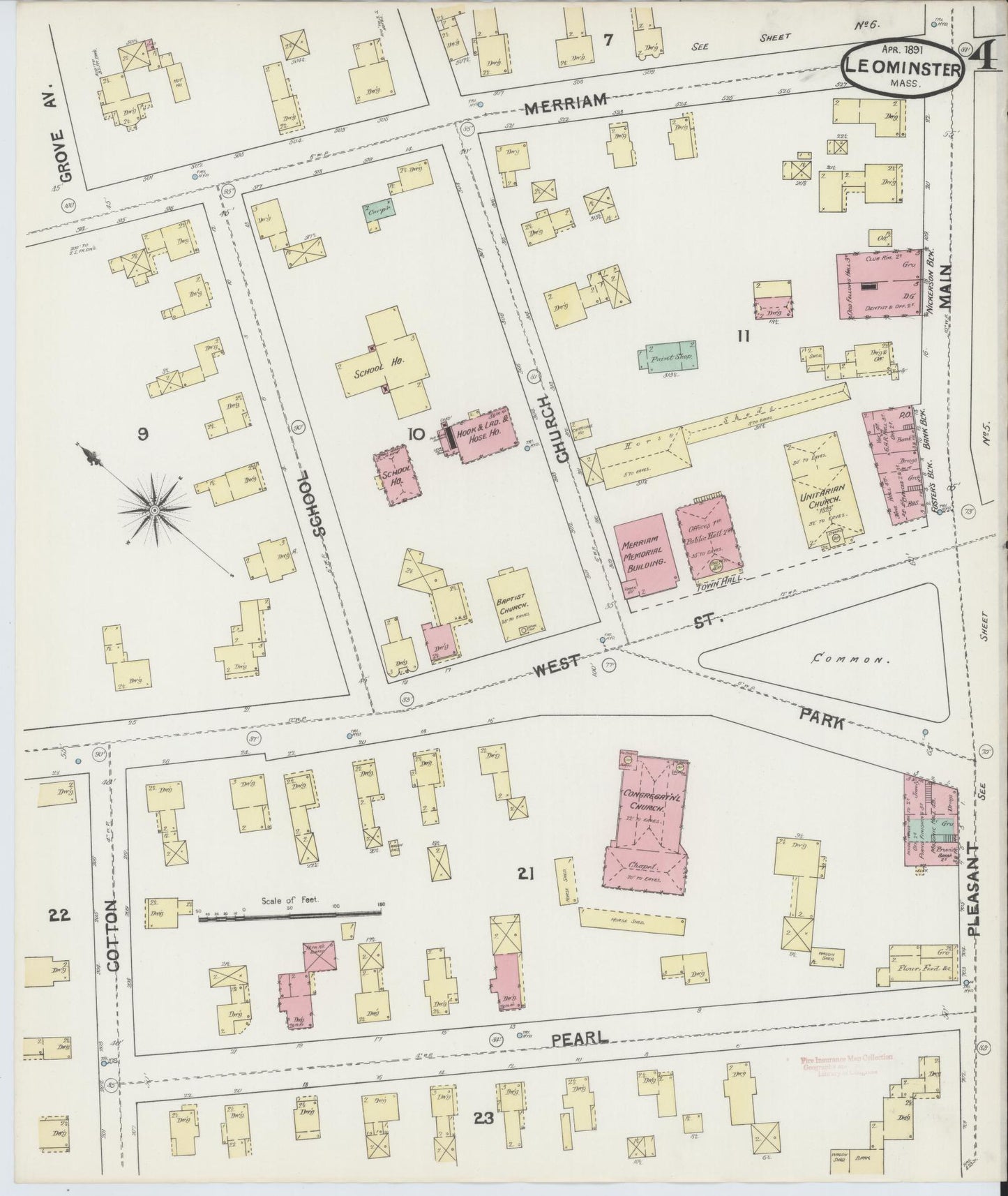 Sanborn Fire Insurance Map from Leominster, Worcester County, Massachusetts (1891), Sheet #0004 - Historic Sanborn Fire Insurance Map Print, vintage old map wall art, antique decor, genealogy gift, Massachusetts Massachusetts map