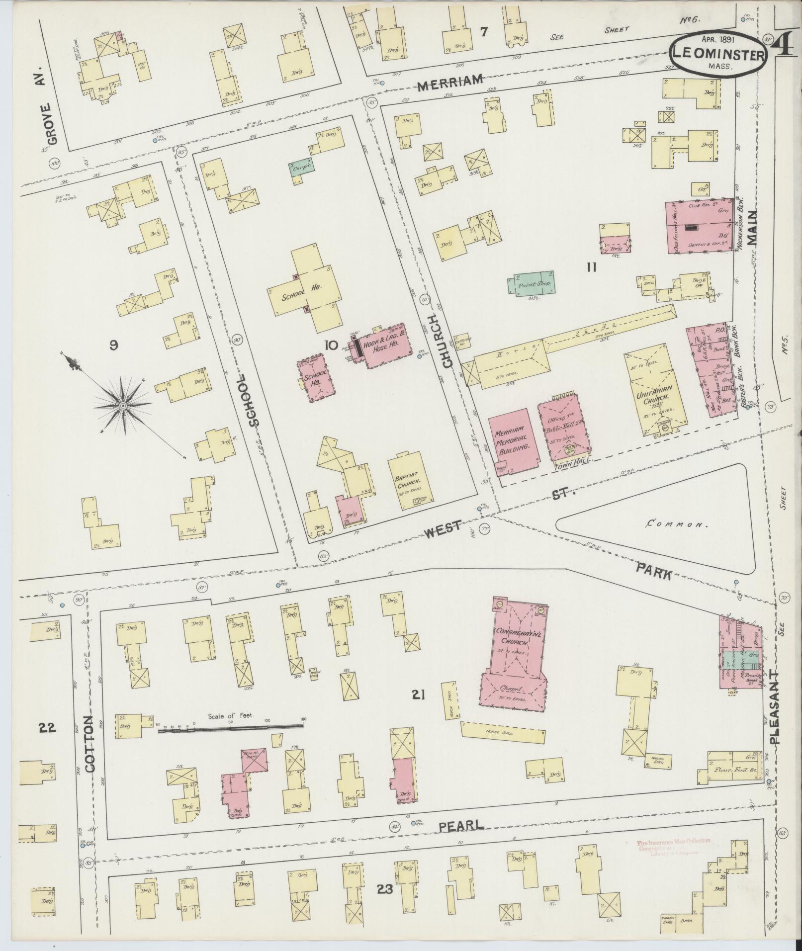 Sanborn Fire Insurance Map from Leominster, Worcester County, Massachusetts (1891), Sheet #0004 - Historic Sanborn Fire Insurance Map Print, vintage old map wall art, antique decor, genealogy gift, Massachusetts Massachusetts map