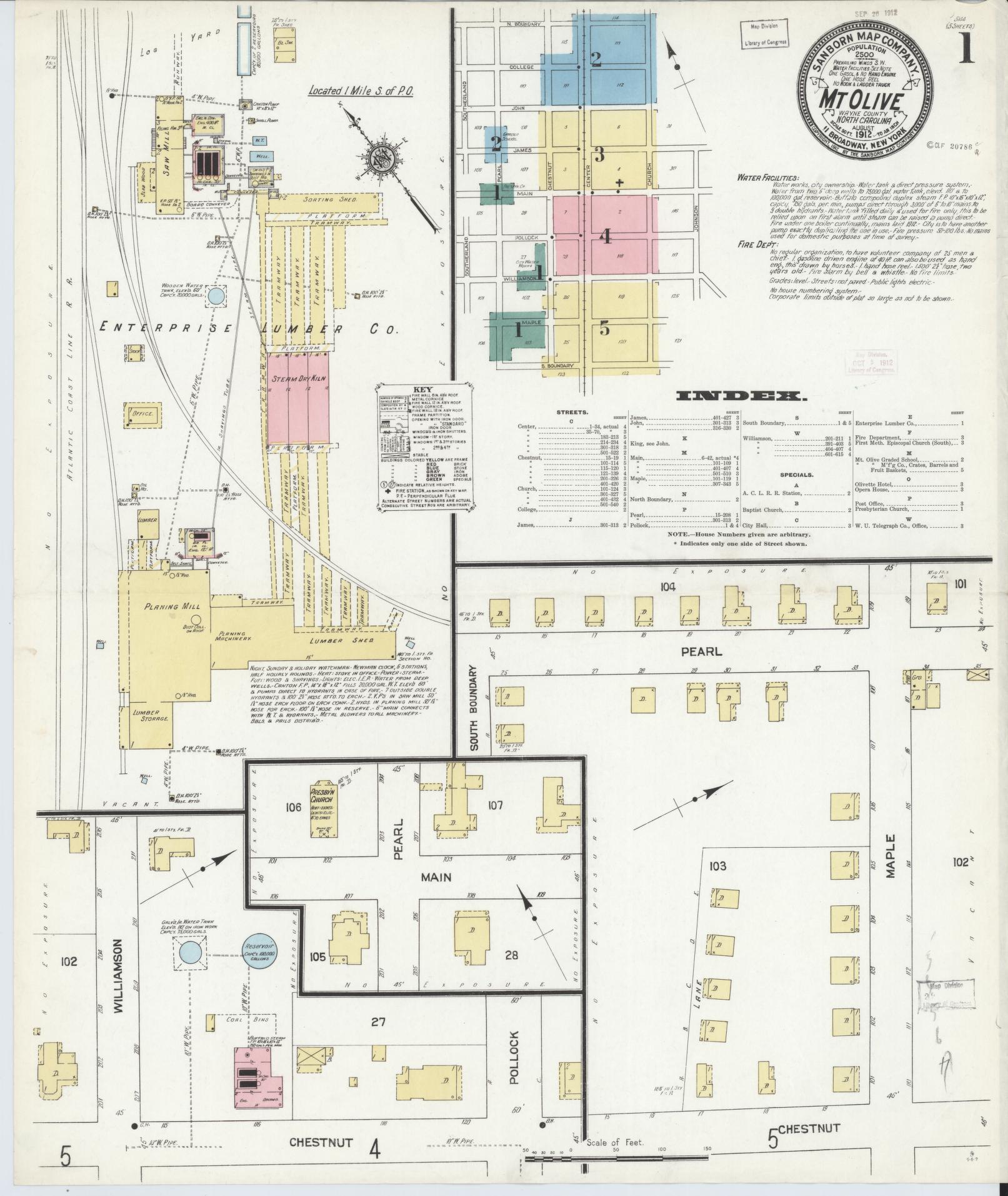 Sanborn Fire Insurance Map from Mount Olive, Wayne County, North Carolina (1912), Sheet #0001 - Complete Map Set gallery image, historic Sanborn map, vintage wall art, North Carolina North Carolina