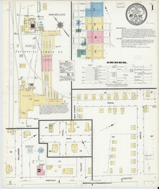Sanborn Fire Insurance Map from Mount Olive, Wayne County, North Carolina (1912), Sheet #0001 - Complete Map Set gallery image, historic Sanborn map, vintage wall art, North Carolina North Carolina