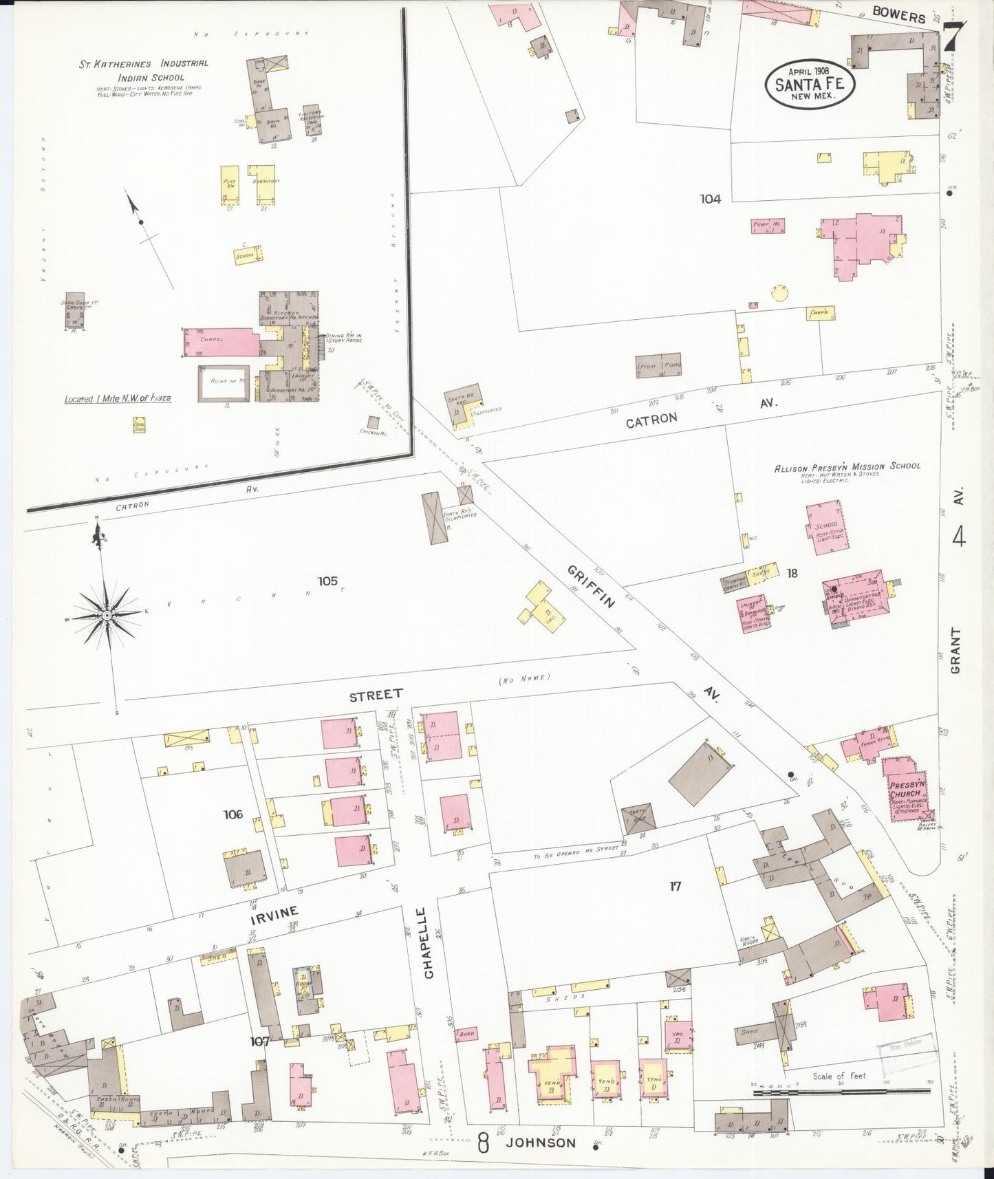 Sanborn Fire Insurance Map from Santa Fe, Santa Fe County, New Mexico (1908), Sheet #0007 - Complete Map Set gallery image, historic Sanborn map, vintage wall art, New Mexico New Mexico