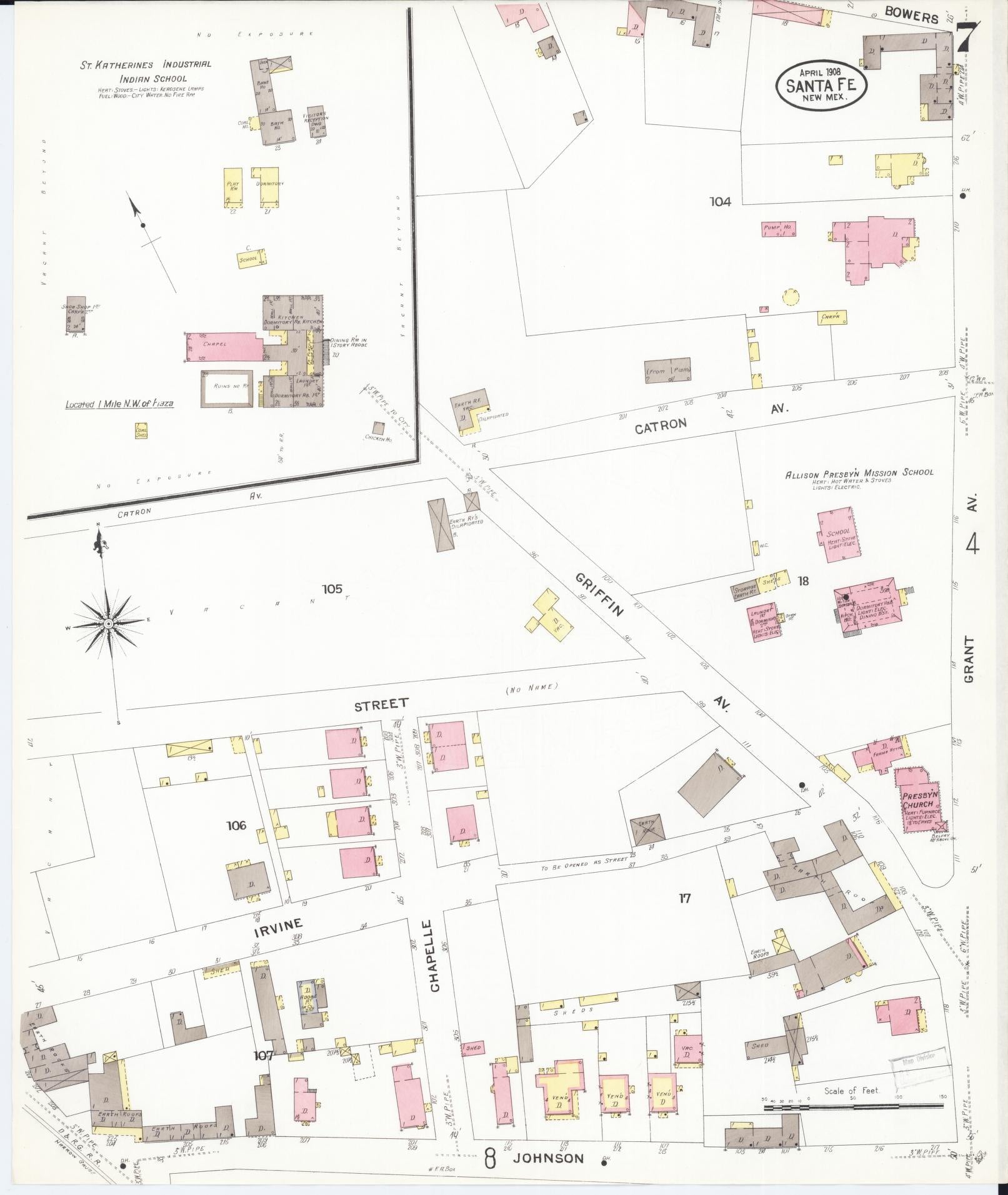 Sanborn Fire Insurance Map from Santa Fe, Santa Fe County, New Mexico (1908), Sheet #0007 - Complete Map Set gallery image, historic Sanborn map, vintage wall art, New Mexico New Mexico