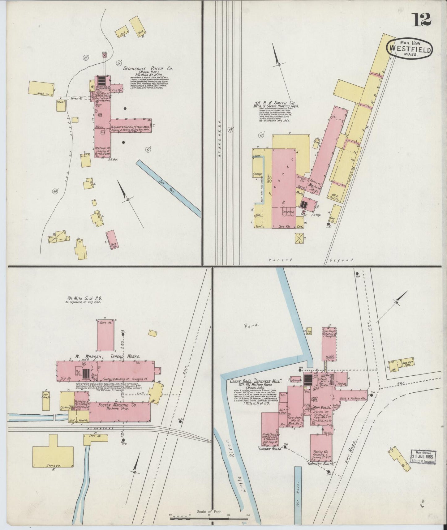 Sanborn Fire Insurance Map from Westfield, Hampden County, Massachusetts (1895), Sheet #0012 - Historic Sanborn Fire Insurance Map Print, vintage old map wall art, antique decor, genealogy gift, Massachusetts Massachusetts map