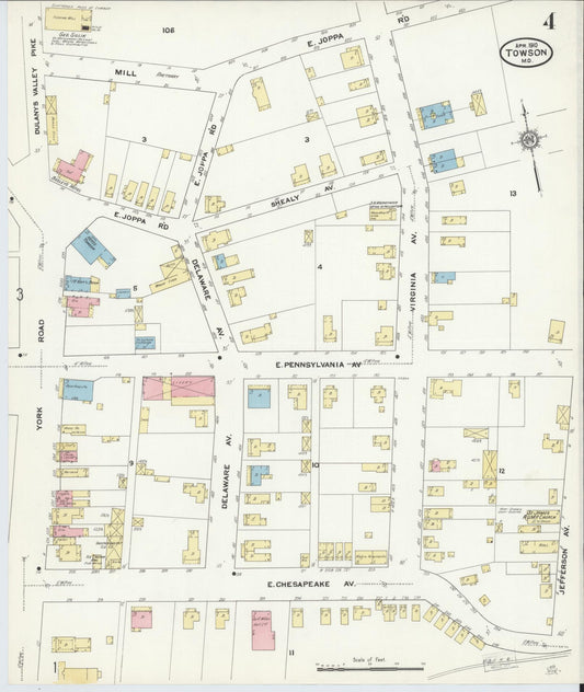 Sanborn Fire Insurance Map from Towson, Baltimore County, Maryland (1910), Sheet #0004 - Historic Sanborn Fire Insurance Map Print, vintage old map wall art, antique decor, genealogy gift, Maryland Maryland map