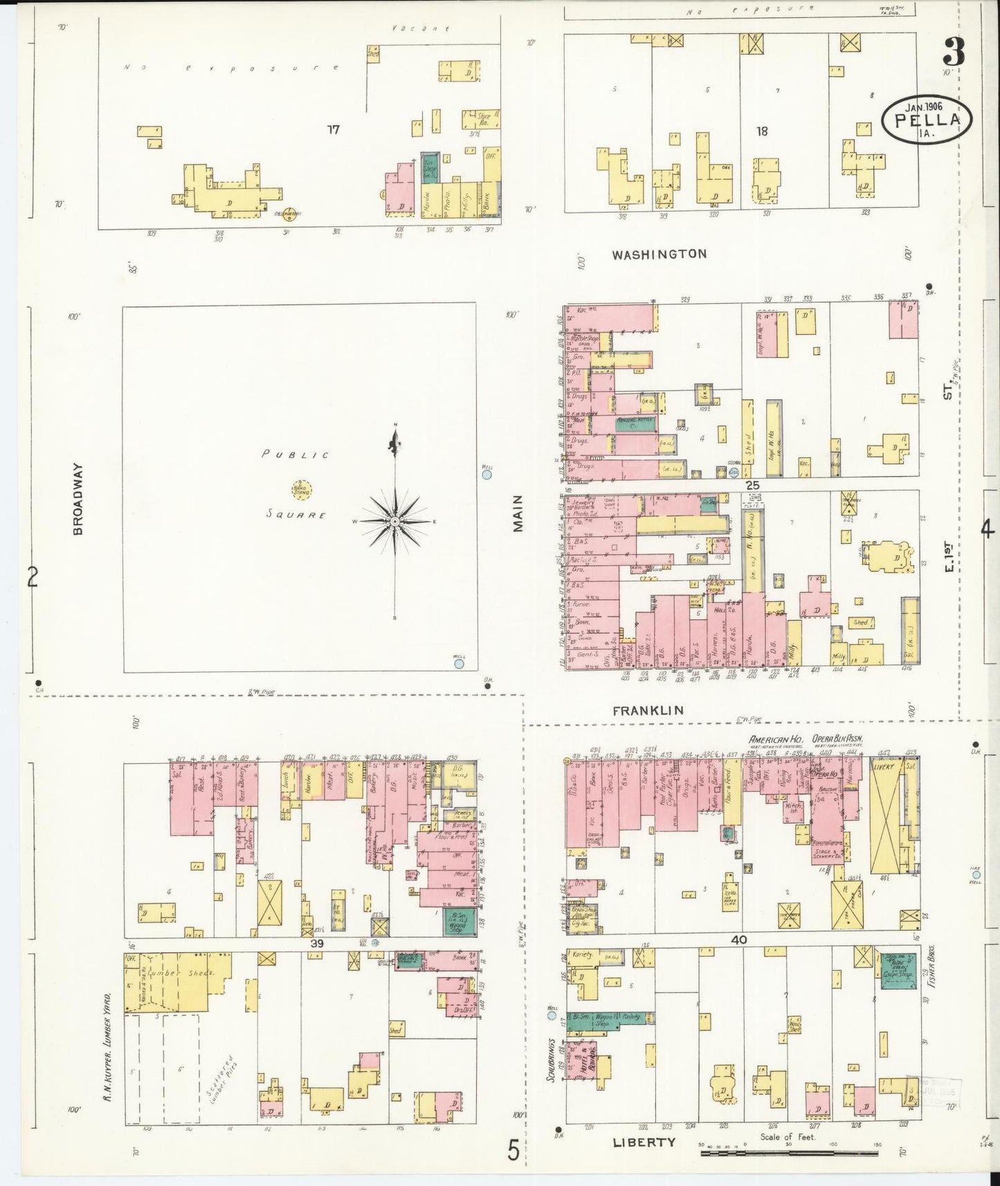 Sanborn Fire Insurance Map from Pella, Marion County, Iowa (1906), Sheet #0003 - Historic Sanborn Fire Insurance Map Print, vintage old map wall art