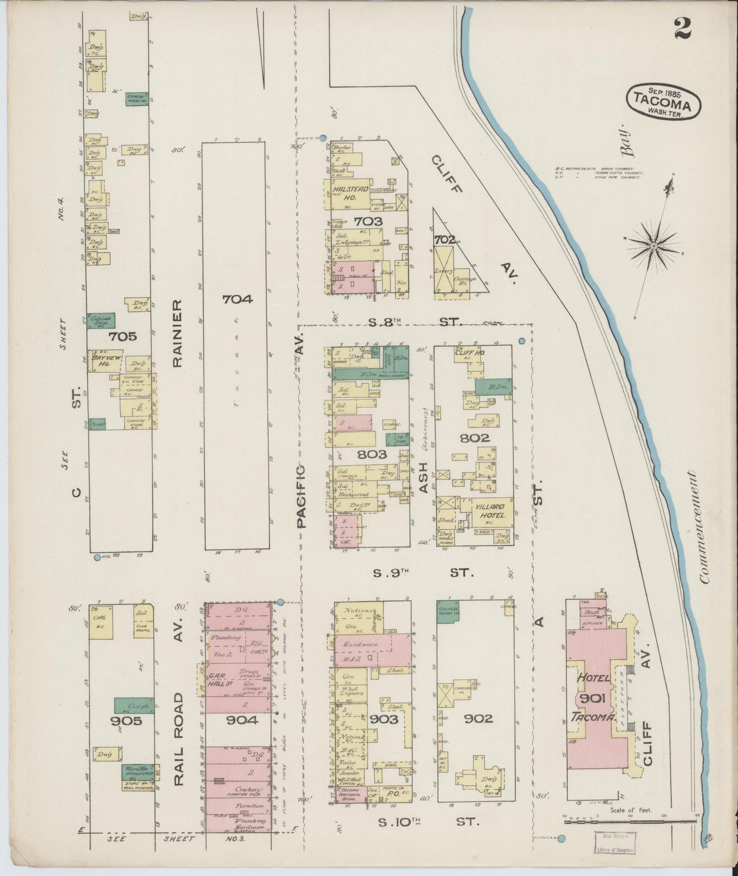 Sanborn Fire Insurance Map from Tacoma, Pierce County, Washington (1885), Sheet #0002 - Complete Map Set gallery image, historic Sanborn map, vintage wall art, Washington Washington