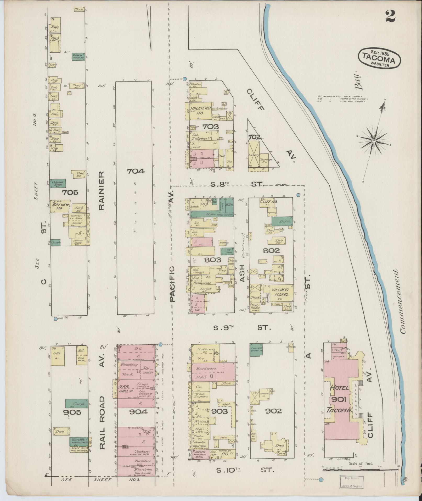 Sanborn Fire Insurance Map from Tacoma, Pierce County, Washington (1885), Sheet #0002 - Complete Map Set gallery image, historic Sanborn map, vintage wall art, Washington Washington