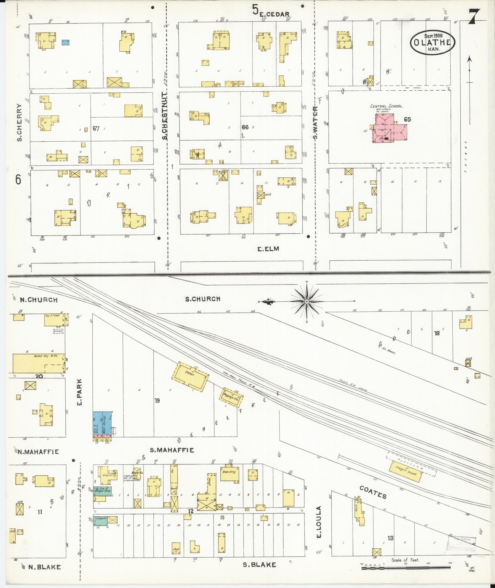 Sanborn Fire Insurance Map from Olathe, Johnson County, Kansas (1905), Sheet #0007 - Historic Sanborn Fire Insurance Map Print, vintage old map wall art, antique decor, genealogy gift, Kansas Kansas map