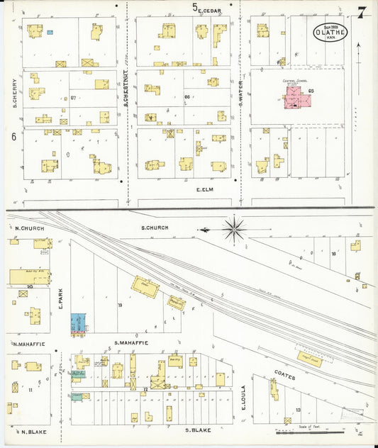 Sanborn Fire Insurance Map from Olathe, Johnson County, Kansas (1905), Sheet #0007 - Historic Sanborn Fire Insurance Map Print, vintage old map wall art, antique decor, genealogy gift, Kansas Kansas map