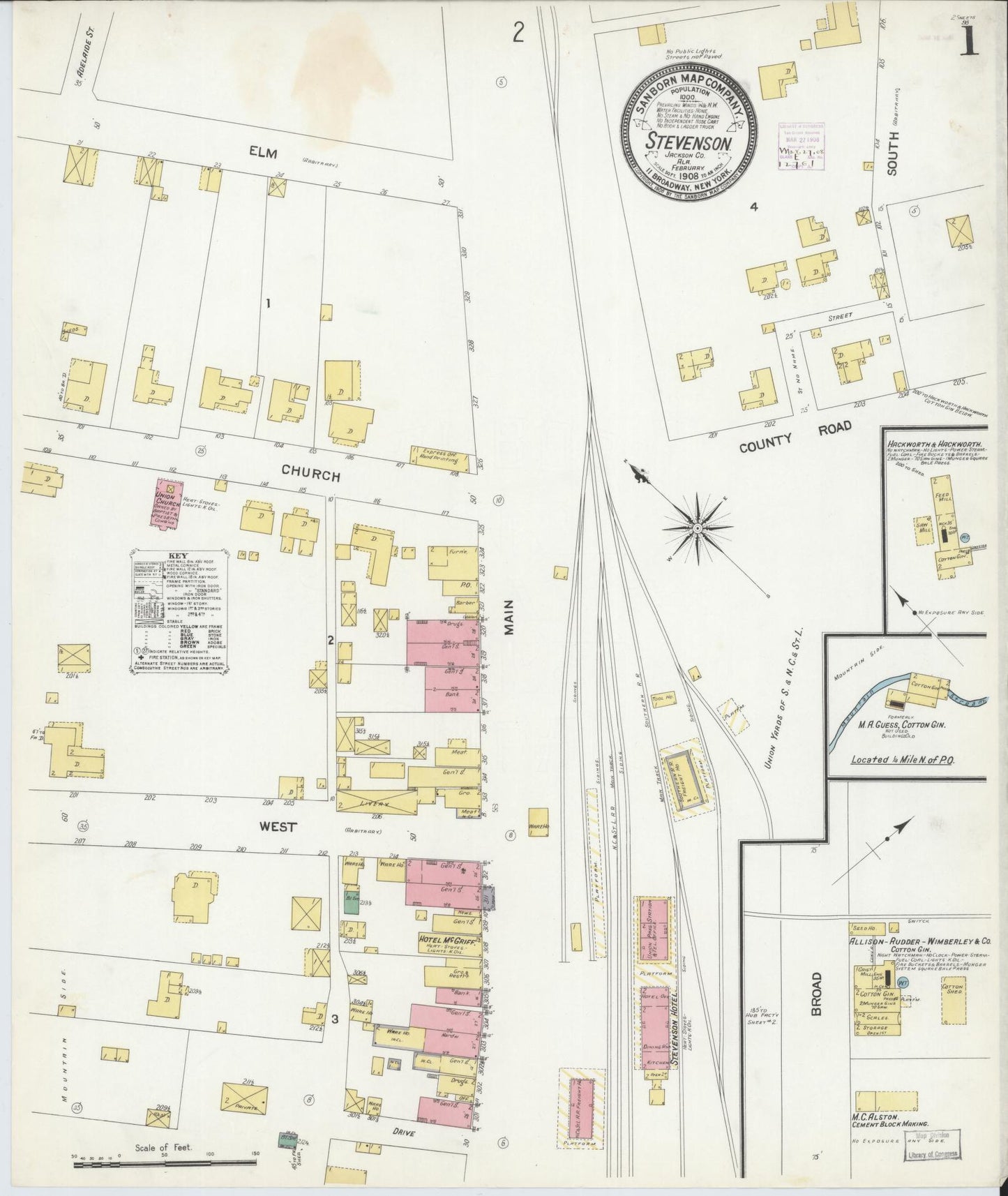 Sanborn Fire Insurance Map from Stevenson, Jackson County, Alabama (1908), Sheet #0001 - Historic Sanborn Fire Insurance Map Print, vintage old map wall art, antique decor, genealogy gift, Alabama Alabama map