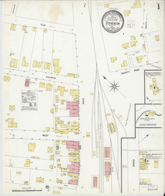 Sanborn Fire Insurance Map from Stevenson, Jackson County, Alabama (1908), Sheet #0001 - Historic Sanborn Fire Insurance Map Print, vintage old map wall art, antique decor, genealogy gift, Alabama Alabama map