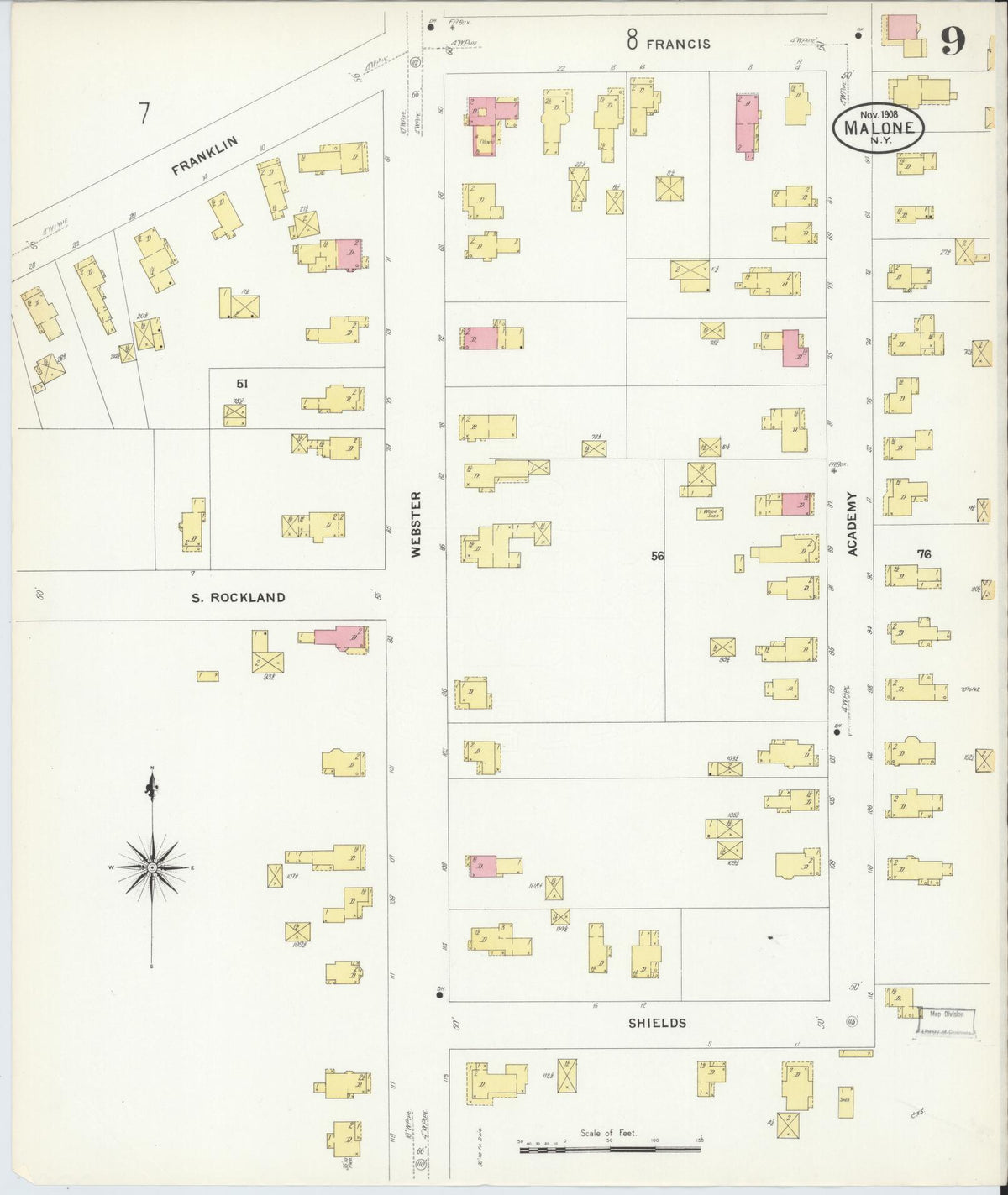 Sanborn Fire Insurance Map from Malone, Franklin County, New York (1908), Sheet #0009 - Complete Map Set gallery image, historic Sanborn map, vintage wall art, New York New York