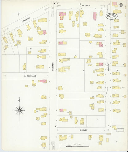 Sanborn Fire Insurance Map from Malone, Franklin County, New York (1908), Sheet #0009 - Complete Map Set gallery image, historic Sanborn map, vintage wall art, New York New York
