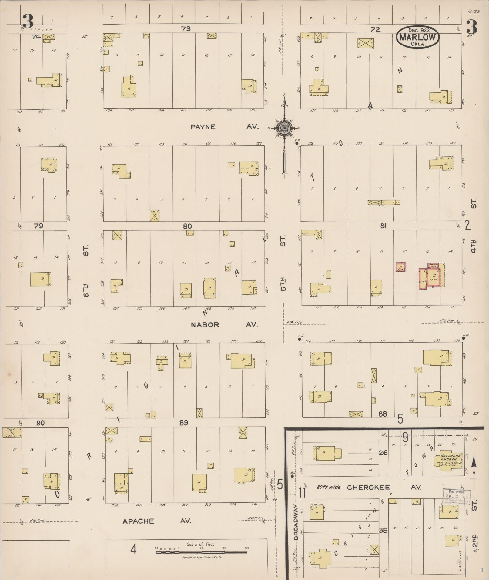 Sanborn Fire Insurance Map from Marlow, Stephens County, Oklahoma (1922), Sheet #0003 - Historic Sanborn Fire Insurance Map Print, vintage old map wall art, antique decor, genealogy gift, Oklahoma Oklahoma map