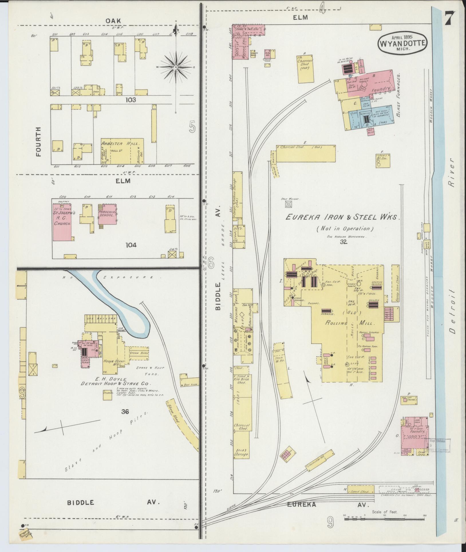 Sanborn Fire Insurance Map from Wyandotte, Wayne County, Michigan (1895), Sheet #0007 - Complete Map Set gallery image, historic Sanborn map, vintage wall art, Michigan Michigan