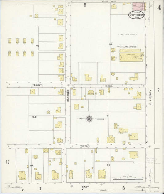 Sanborn Fire Insurance Map from Covington, Tipton County, Tennessee (1909), Sheet #0004 - Historic Sanborn Fire Insurance Map Print, vintage old map wall art, antique decor, genealogy gift, Tennessee Tennessee map