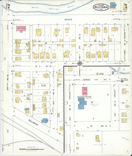 Sanborn Fire Insurance Map from Belle Fourche, Butte County, South Dakota (1923), Sheet #0007 - Historic Sanborn Fire Insurance Map Print, vintage old map wall art, antique decor, genealogy gift, South Dakota South Dakota map