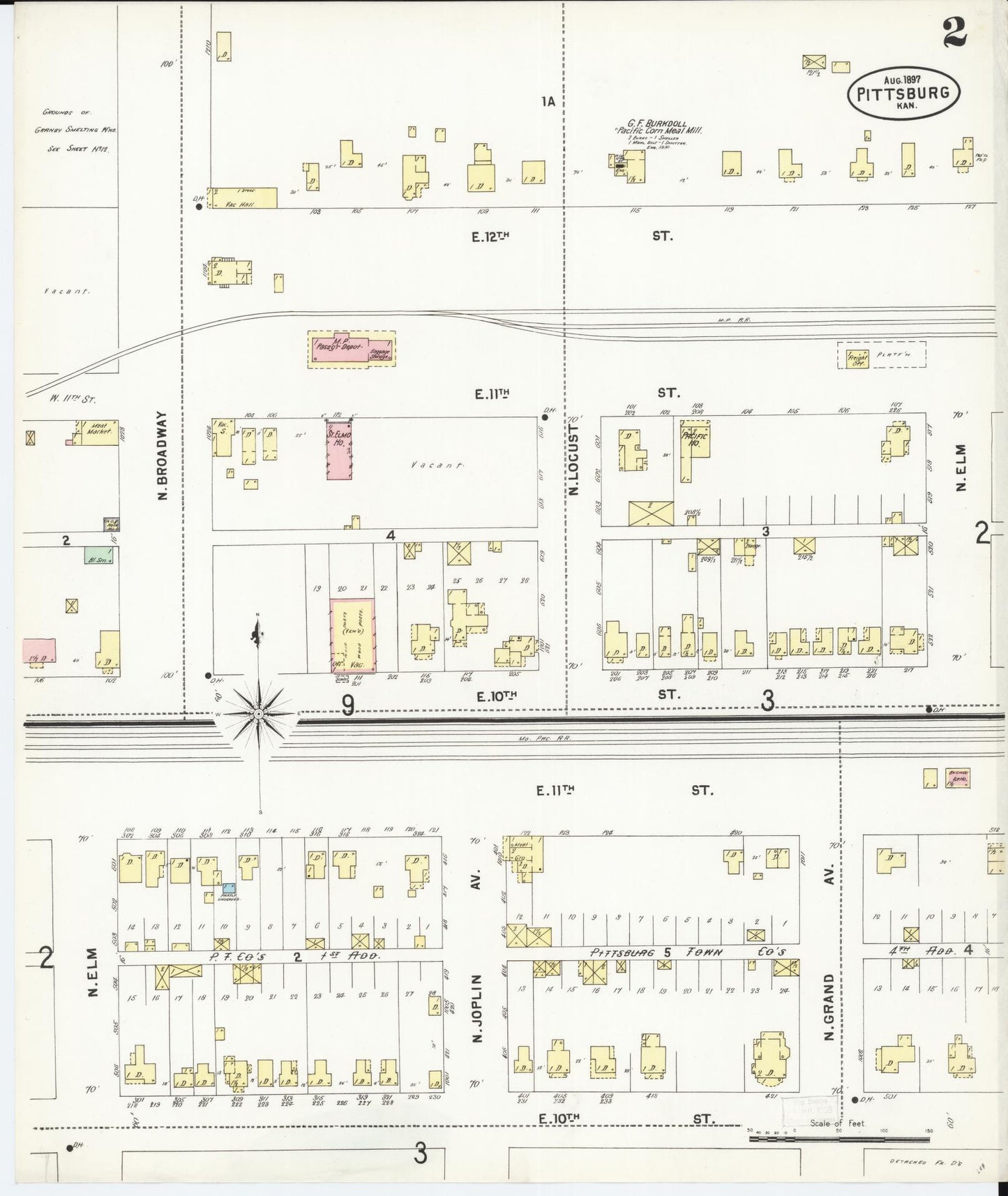 Sanborn Fire Insurance Map from Pittsburg, Crawford County, Kansas (1897), Sheet #0002 - Historic Sanborn Fire Insurance Map Print, vintage old map wall art, antique decor, genealogy gift, Kansas Kansas map