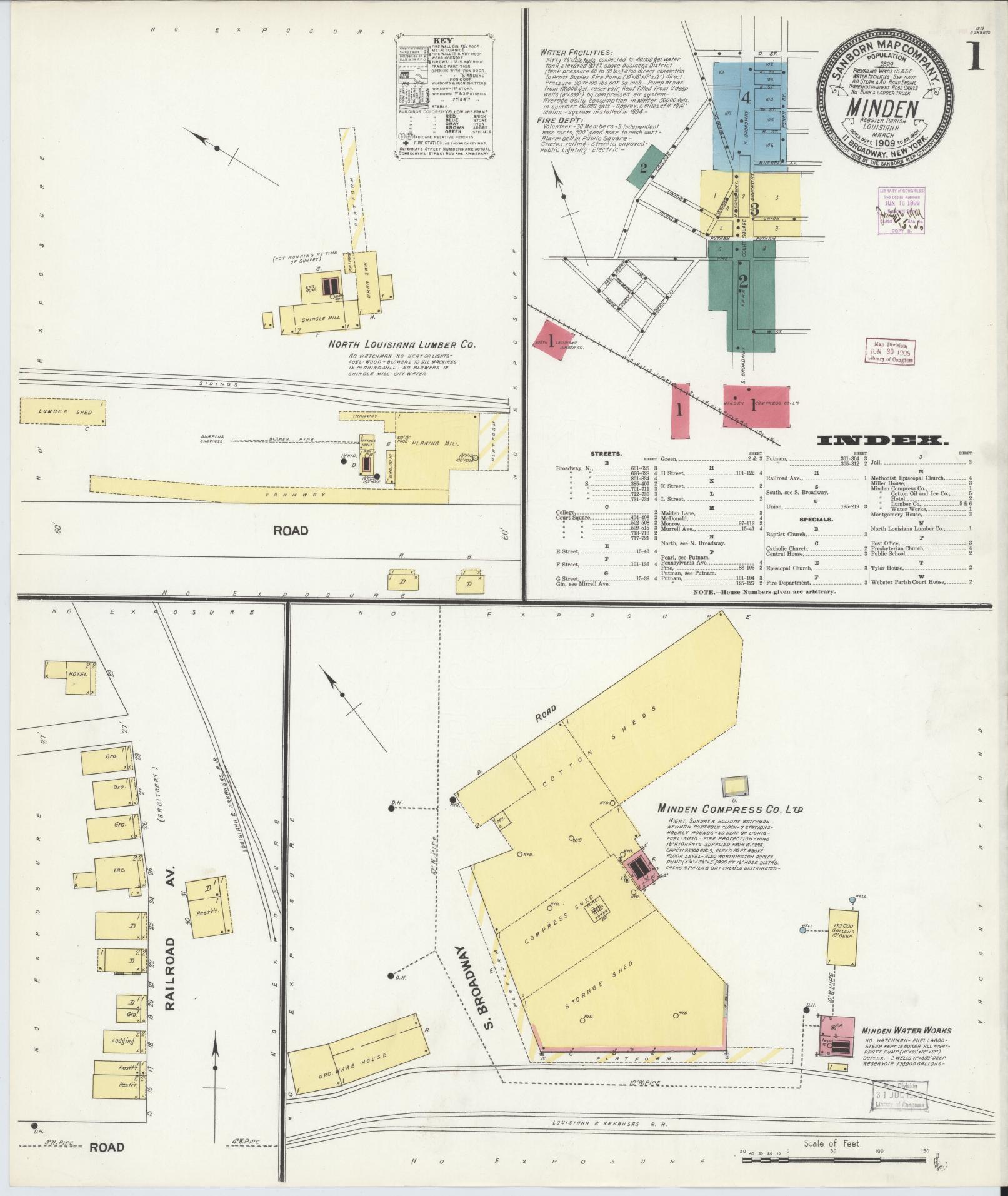 Sanborn Fire Insurance Map from Minden, Webster Parish, Louisiana (1909), Sheet #0001 - Complete Map Set gallery image, historic Sanborn map, vintage wall art, Louisiana Louisiana