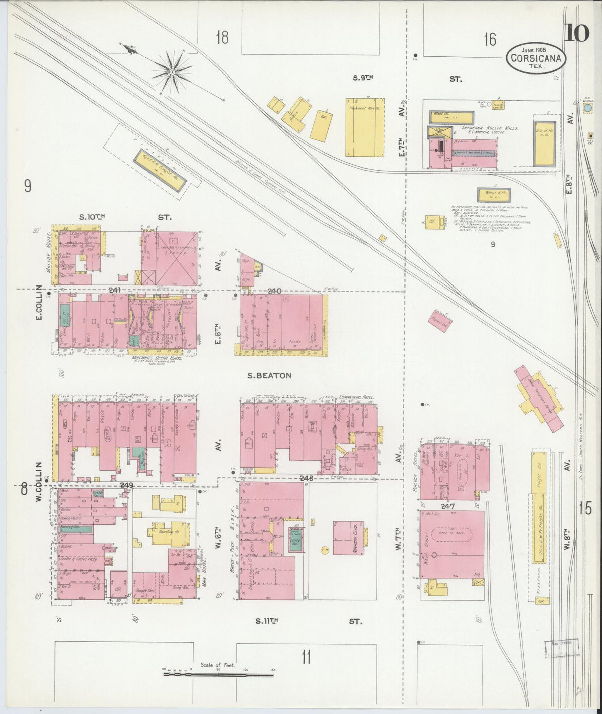 Sanborn Fire Insurance Map from Corsicana, Navarro County, Texas (1905), Sheet #0010 - Complete Map Set gallery image, historic Sanborn map, vintage wall art, Texas Texas