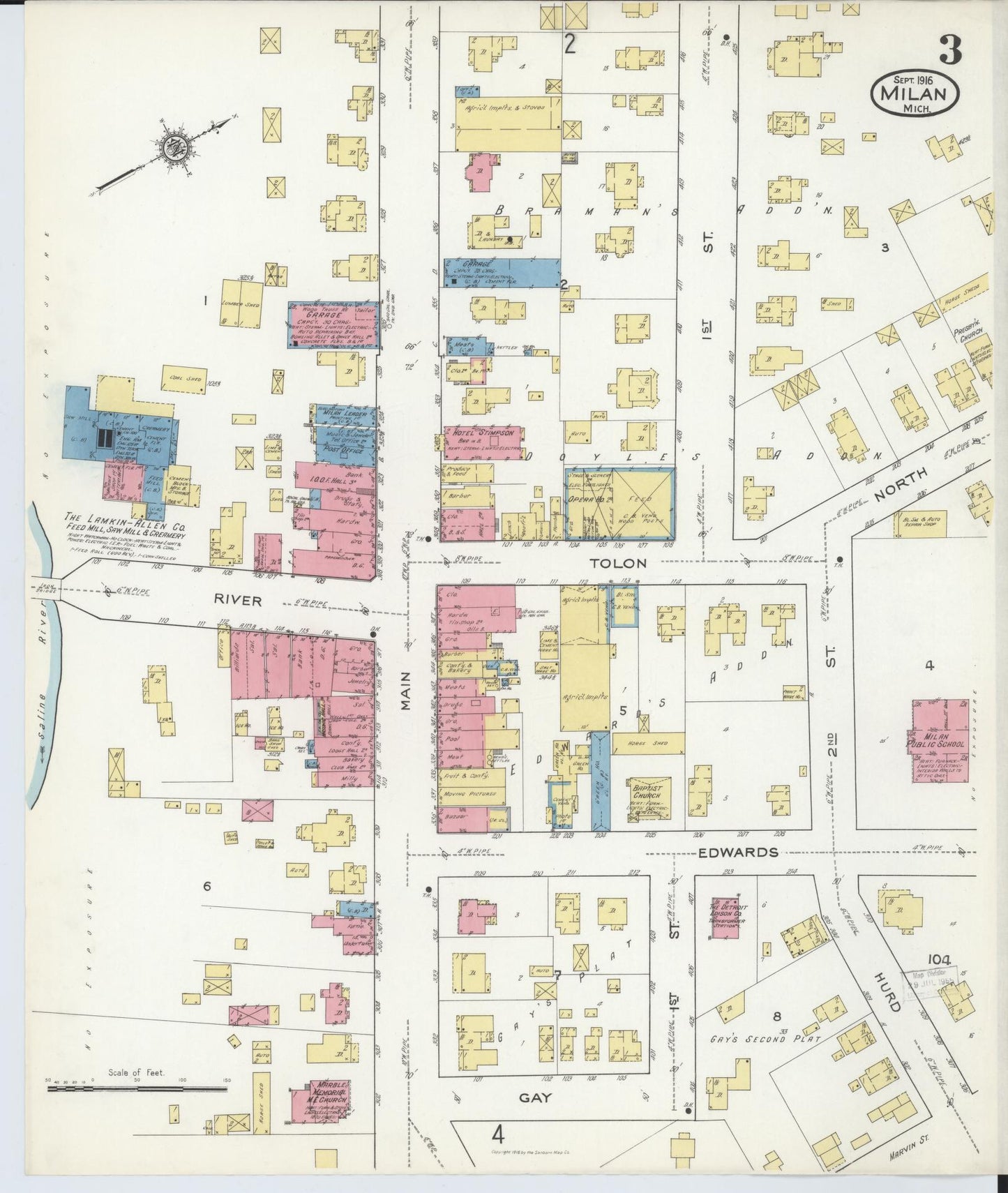 Sanborn Fire Insurance Map from Milan, Washtenaw And Monroe Counties, Michigan (1916), Sheet #0003 - Complete Map Set gallery image, historic Sanborn map, vintage wall art, Michigan Michigan