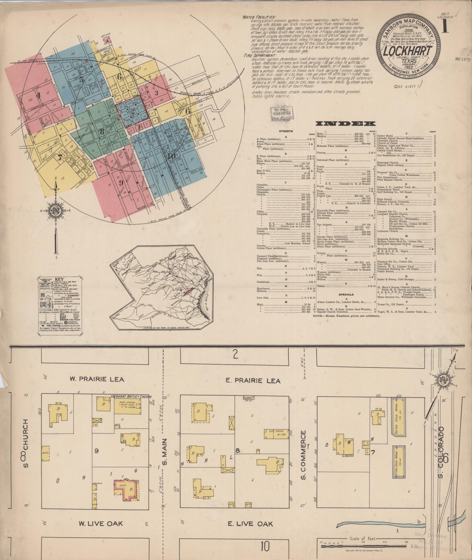 Sanborn Fire Insurance Map from Lockhart, Caldwell County, Texas (1922), Sheet #0001 - Historic Sanborn Fire Insurance Map Print, vintage old map wall art, antique decor, genealogy gift, Texas Texas map
