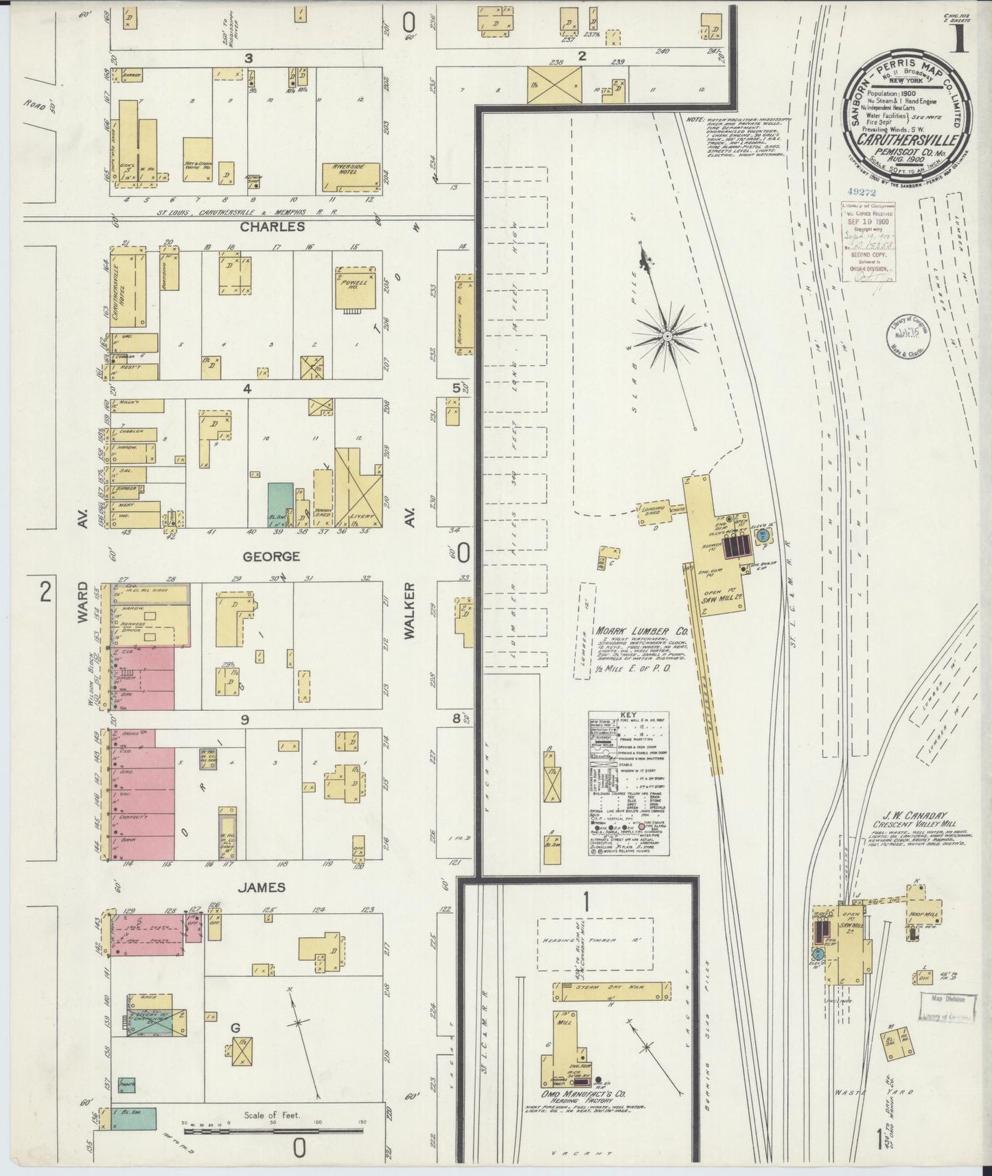 Sanborn Fire Insurance Map from Caruthersville, Pemiscot County, Missouri (1900), Sheet #0001 - Complete Map Set gallery image, historic Sanborn map, vintage wall art, Missouri Missouri