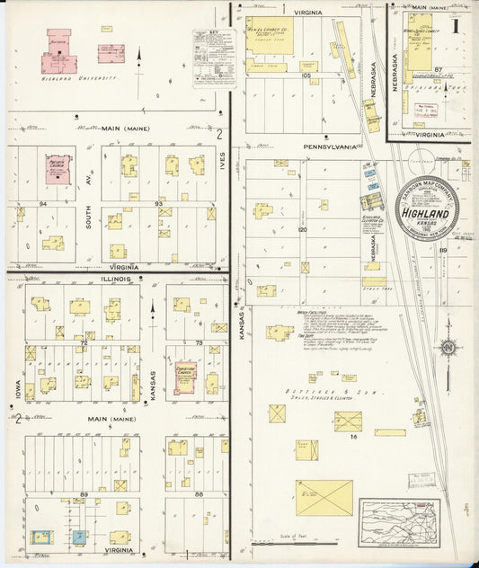 Sanborn Fire Insurance Map from Highland, Doniphan County, Kansas (1915), Sheet #0001 - Complete Map Set gallery image, historic Sanborn map, vintage wall art, Kansas Kansas
