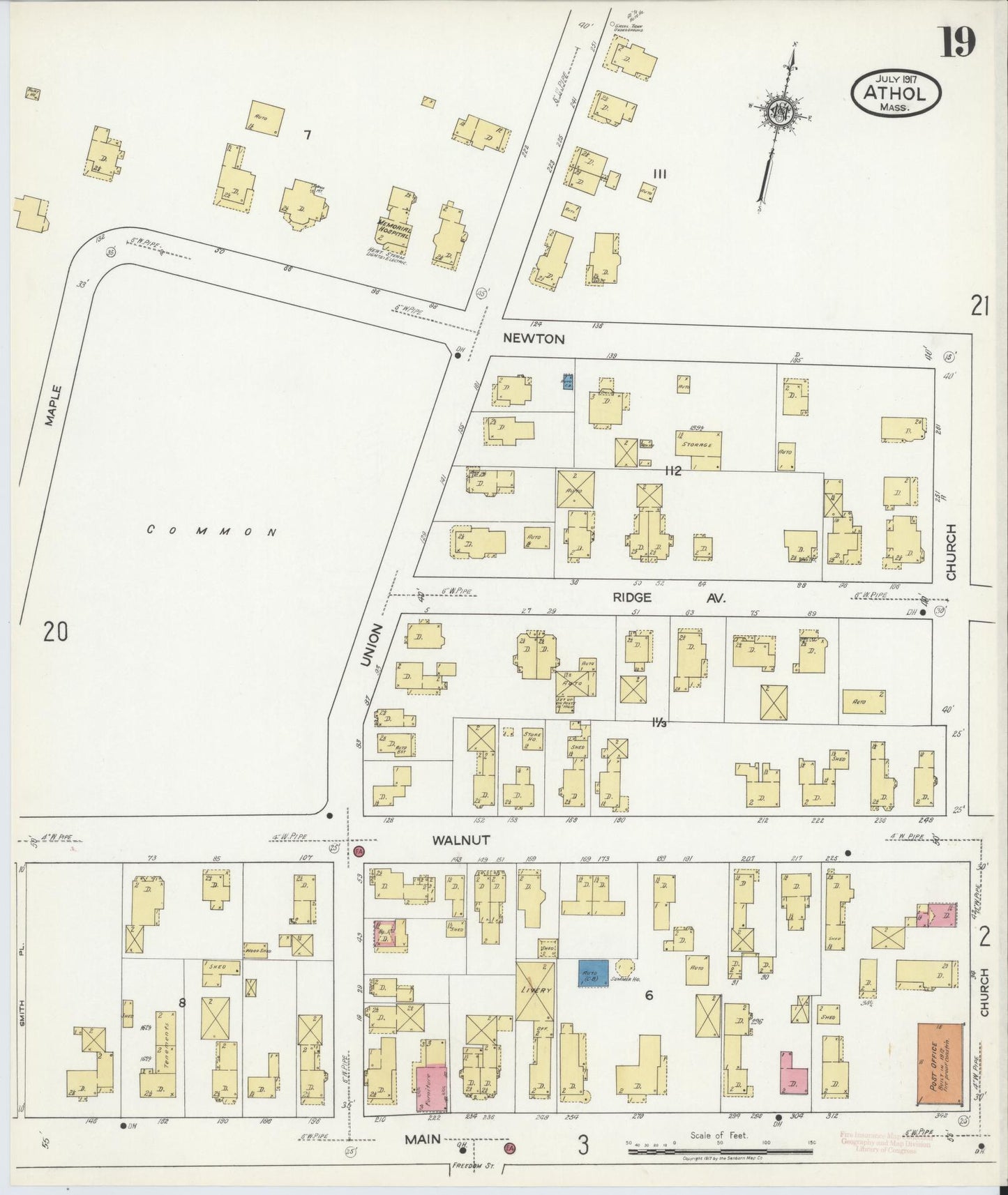 Sanborn Fire Insurance Map from Athol, Worcester County, Massachusetts (1917), Sheet #0019 - Historic Sanborn Fire Insurance Map Print, vintage old map wall art, antique decor, genealogy gift, Massachusetts Massachusetts map
