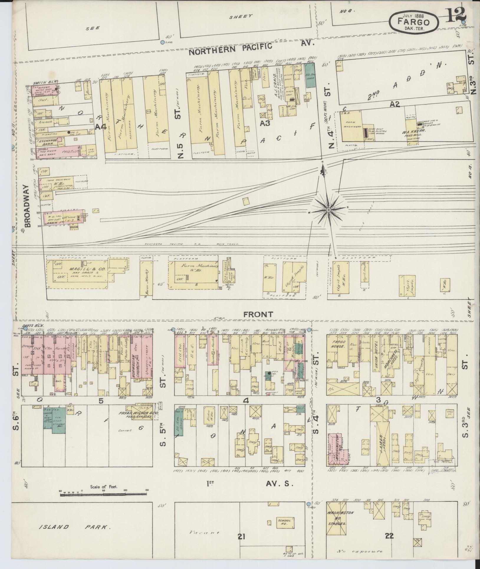 Sanborn Fire Insurance Map from Fargo, Cass County, North Dakota (1888), Sheet #0012 - Historic Sanborn Fire Insurance Map Print, vintage old map wall art, antique decor, genealogy gift, North Dakota North Dakota map