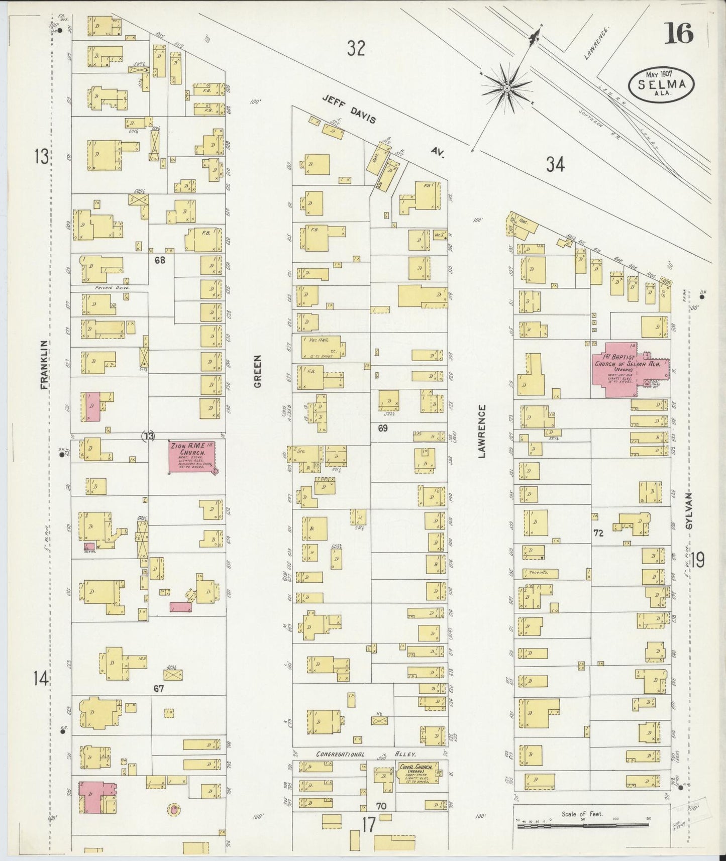 Sanborn Fire Insurance Map from Selma, Dallas County, Alabama (1907), Sheet #0016 - Complete Map Set gallery image, historic Sanborn map, vintage wall art, Alabama Alabama